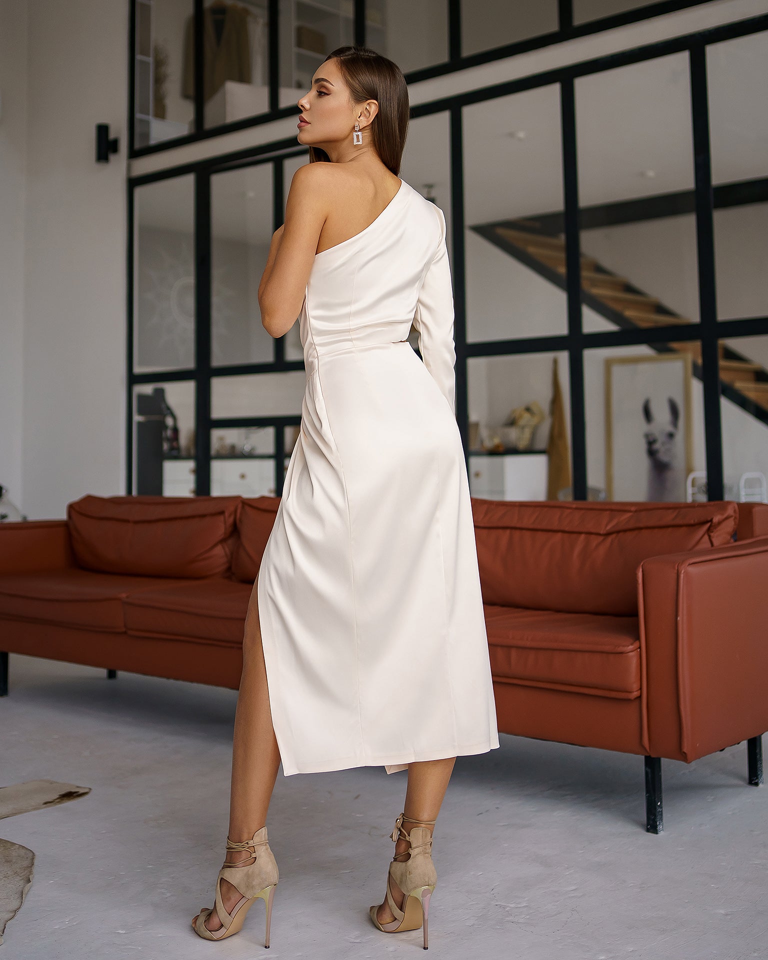 White Satin One-Shoulder Cut-Out Midi Dress