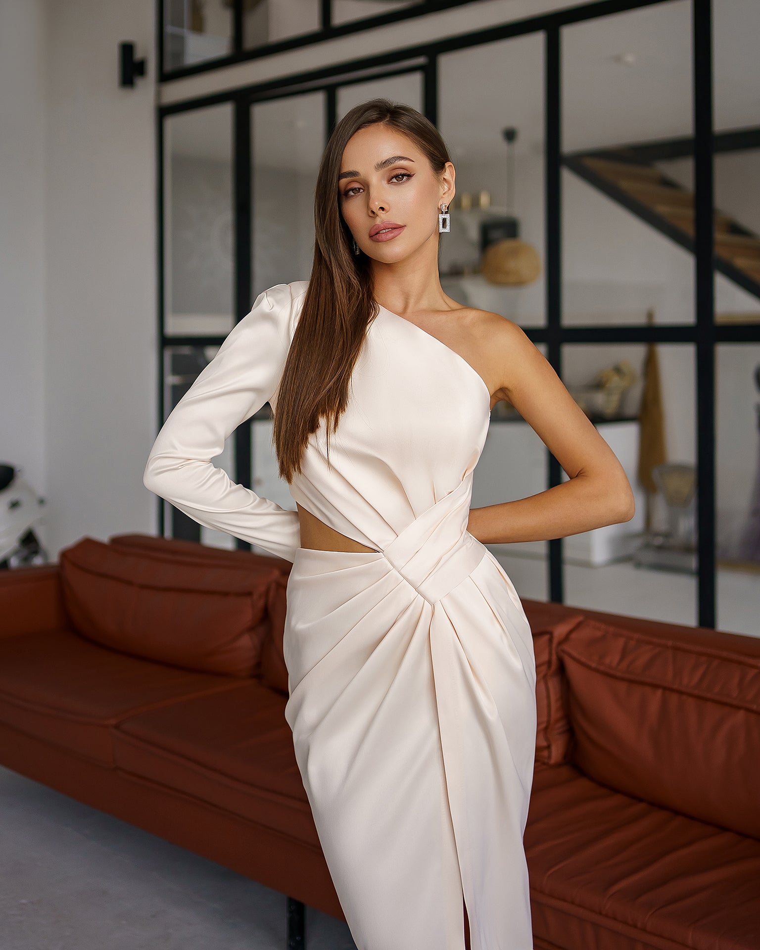 White Satin One-Shoulder Cut-Out Midi Dress