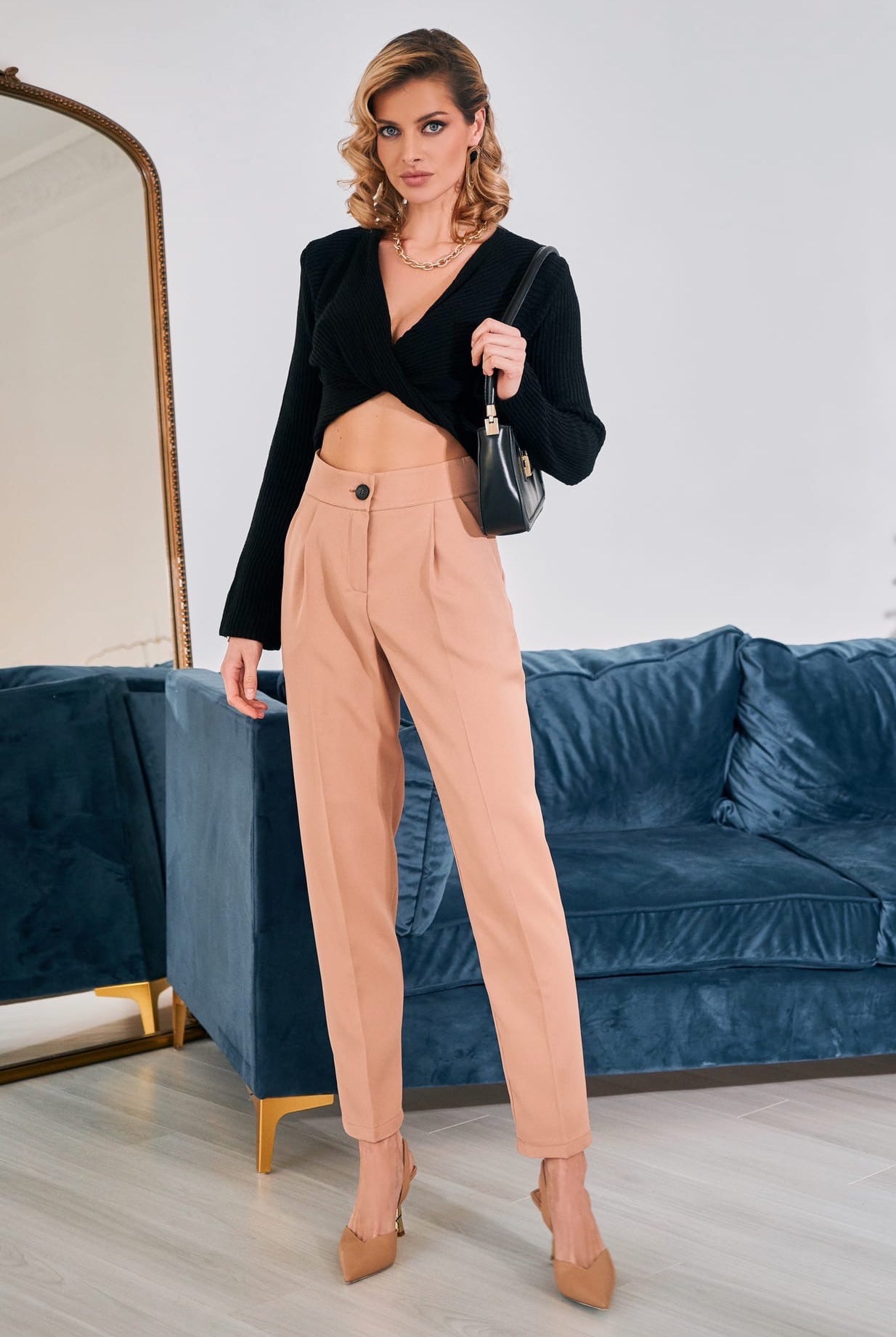 ELAGIA Black Ribbed-Knit Wrap Crop Top front view - women's black suit set coordinating ribbed knit blouse