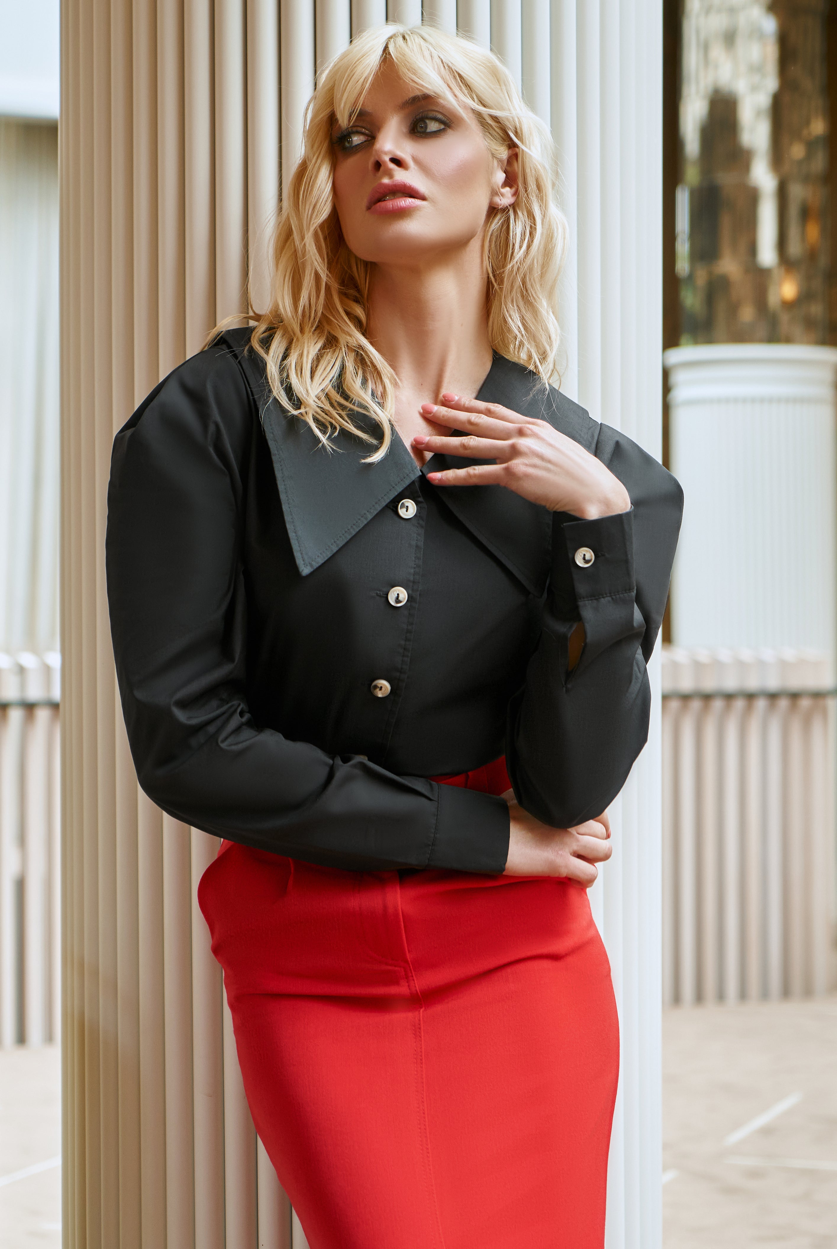 ELAGIA Black Puff Sleeve Collared Blouse texture detail showcasing women's black suit set fabric and finish