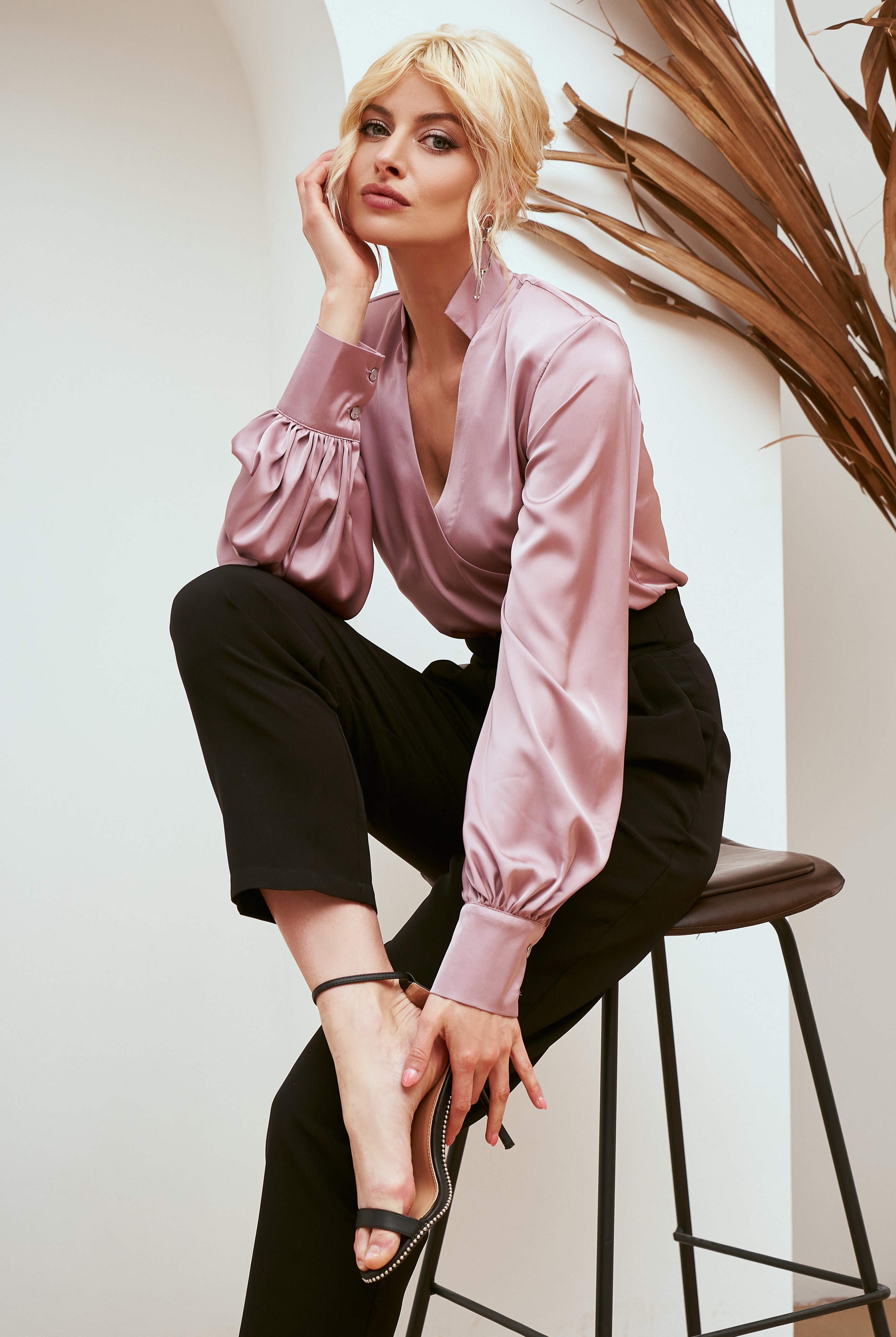 ELAGIA dusty pink silk puff-sleeve wrap blouse styled detail - hot pink suit womens top with dramatic puff sleeves