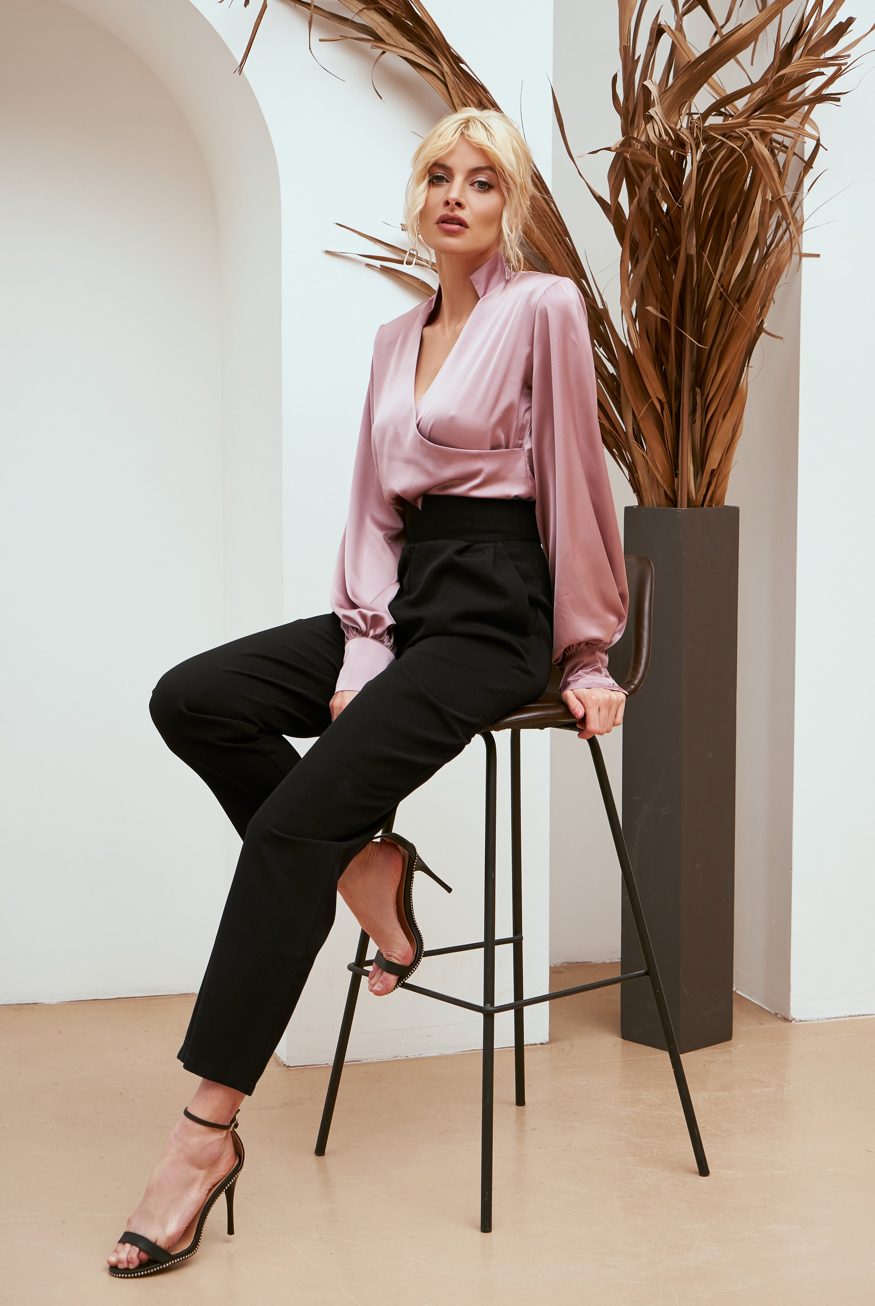 ELAGIA dusty pink silk puff-sleeve wrap blouse close-up - pink suit coordinating piece showing silk texture detail