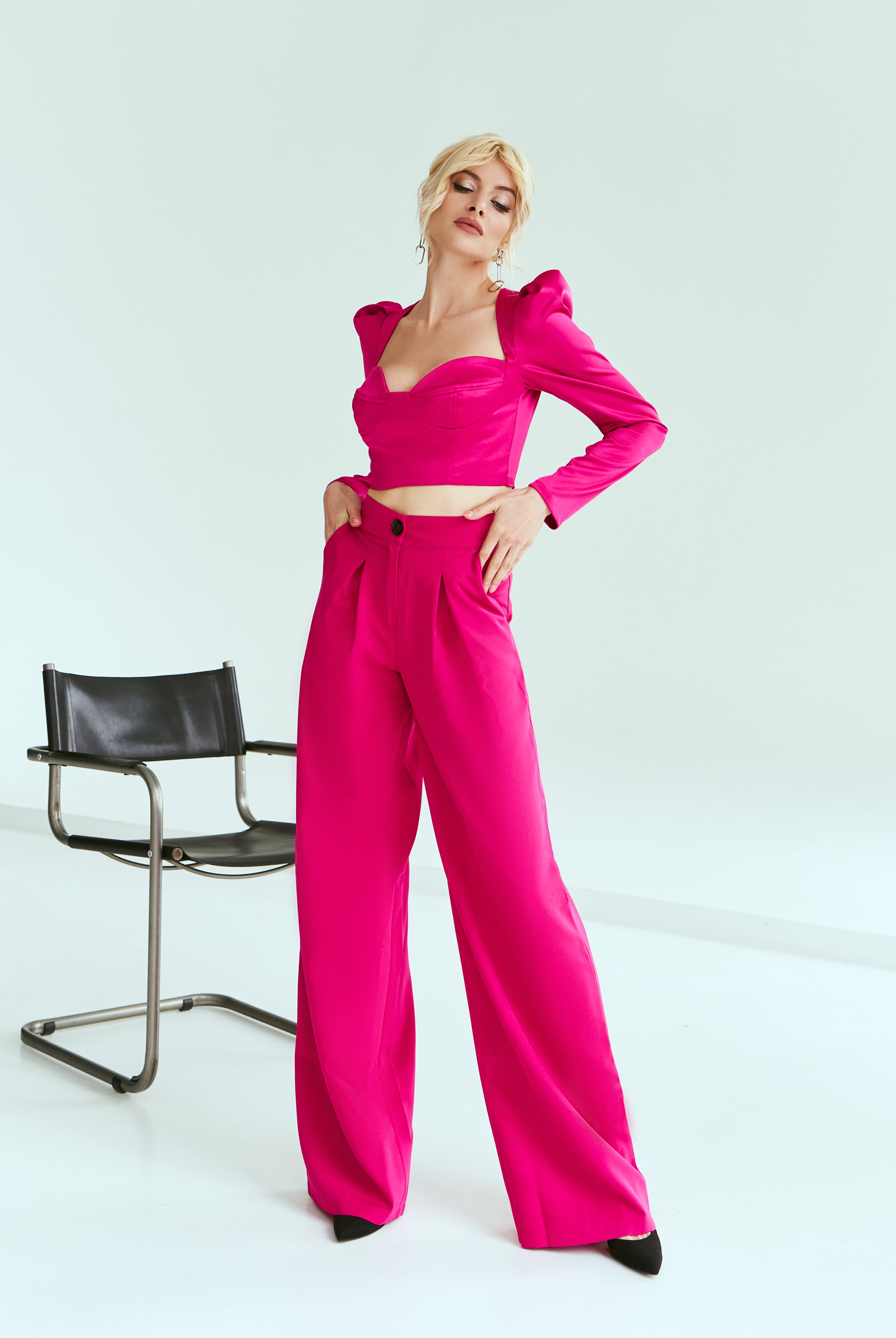 ELAGIA Crimson Sweetheart Puff-Sleeve Top front view - elegant white dress long sleeve red blouse with romantic neckline