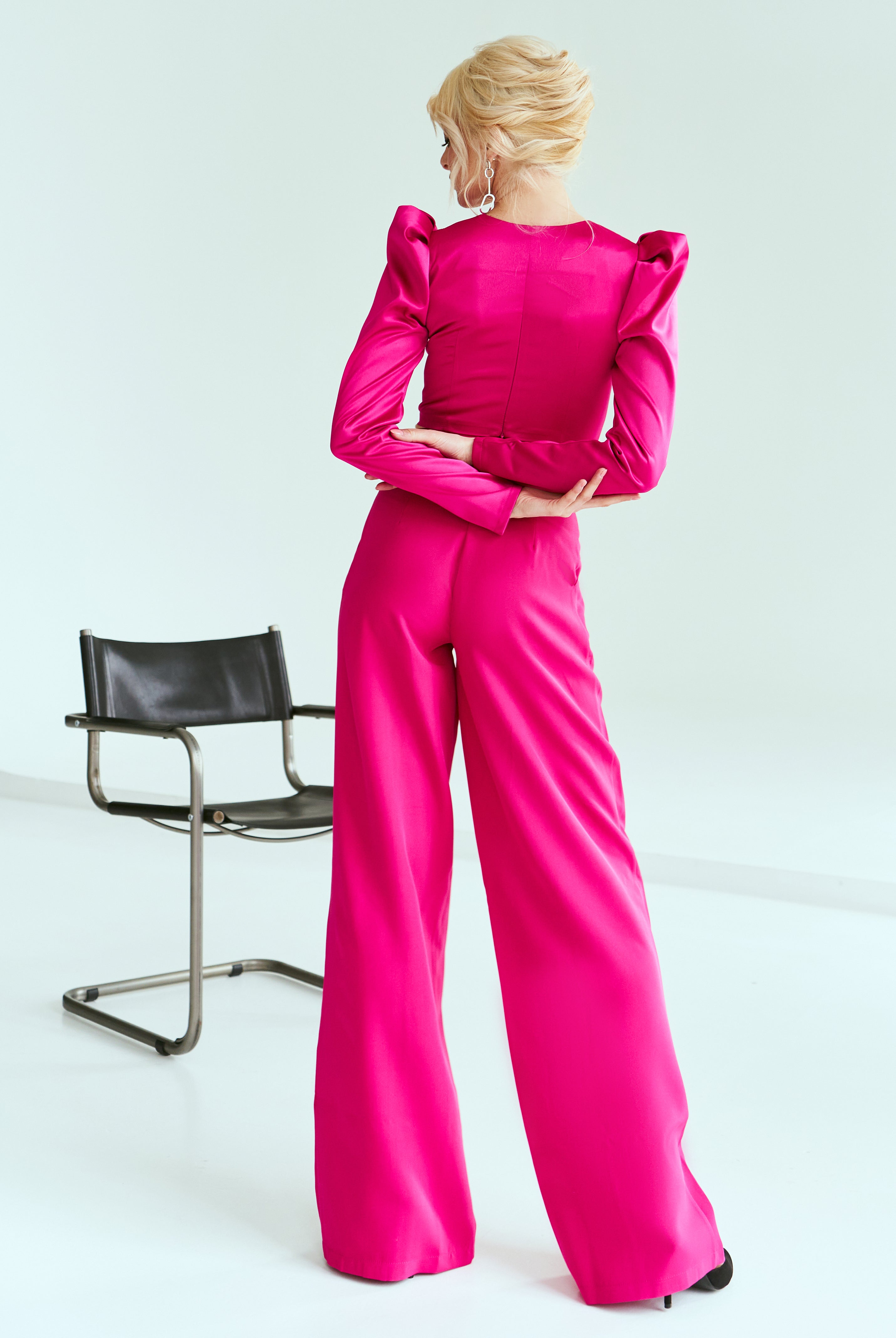 ELAGIA Crimson Sweetheart Puff-Sleeve Top back view - elegant white dress long sleeve red top showing rear silhouette