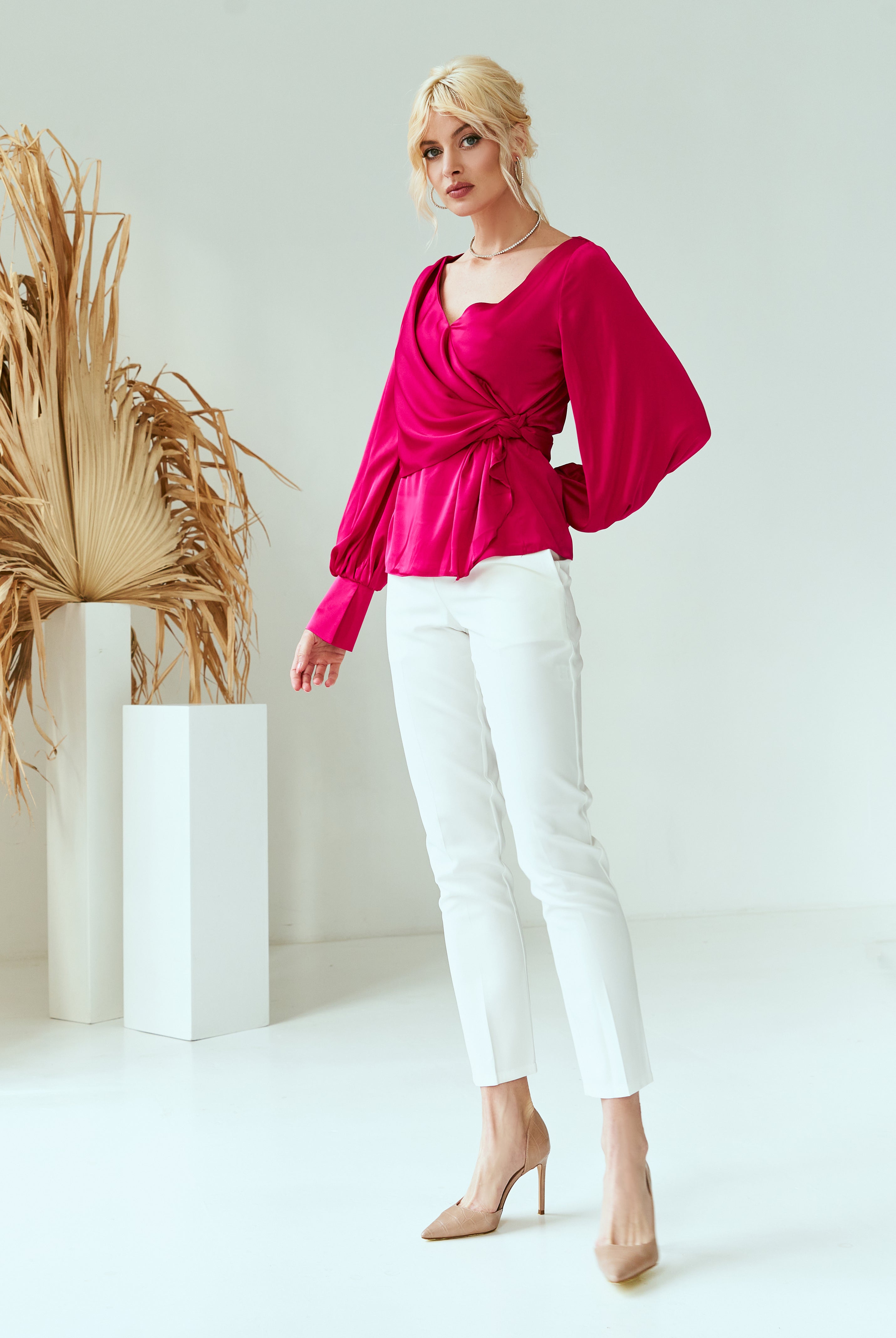 ELAGIA crimson silk blouse front view - elegant white dress long sleeve style puff-sleeve wrap top in rich red