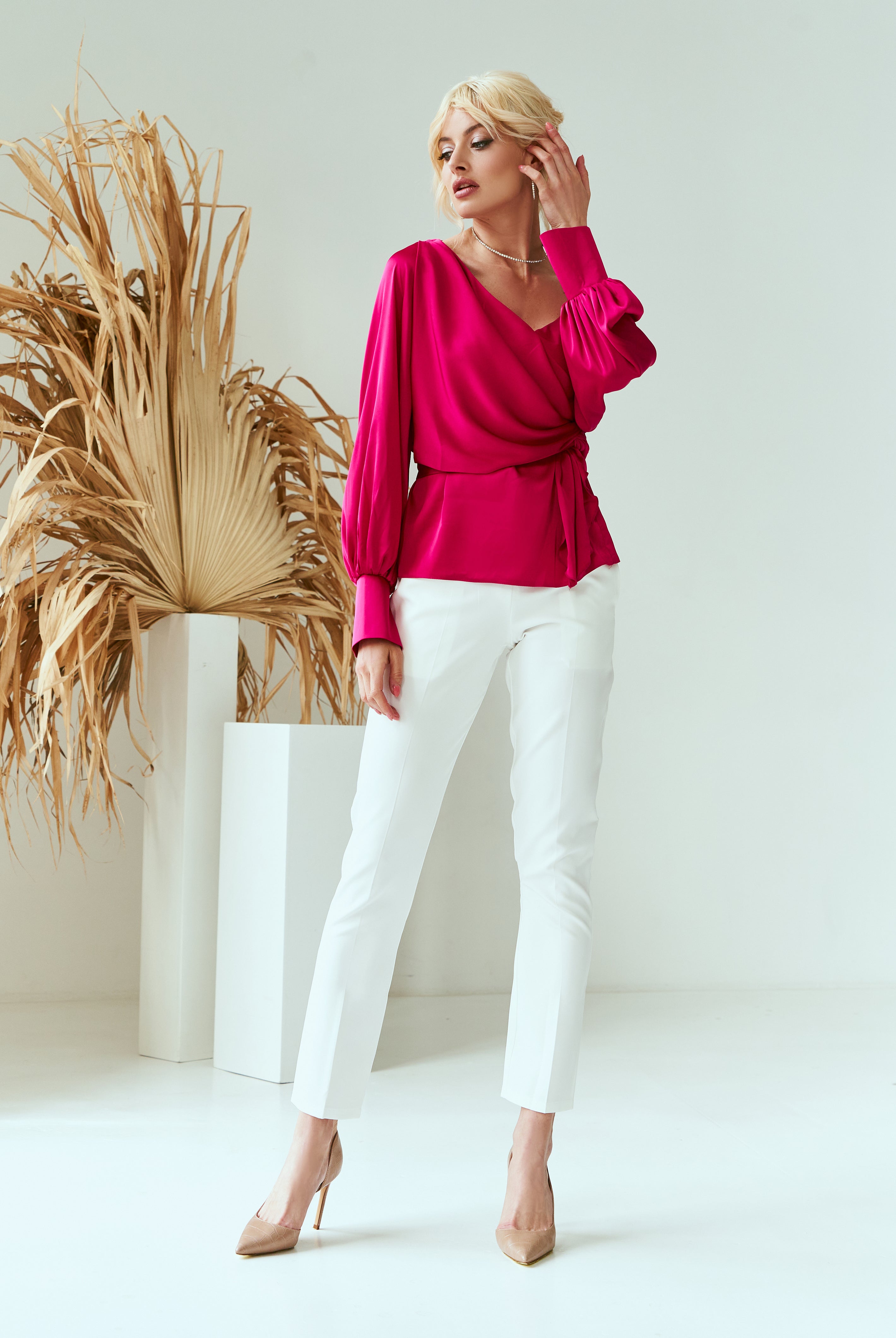 ELAGIA crimson silk blouse side angle - elegant white dress long sleeve style showing puff sleeve detail and wrap fit