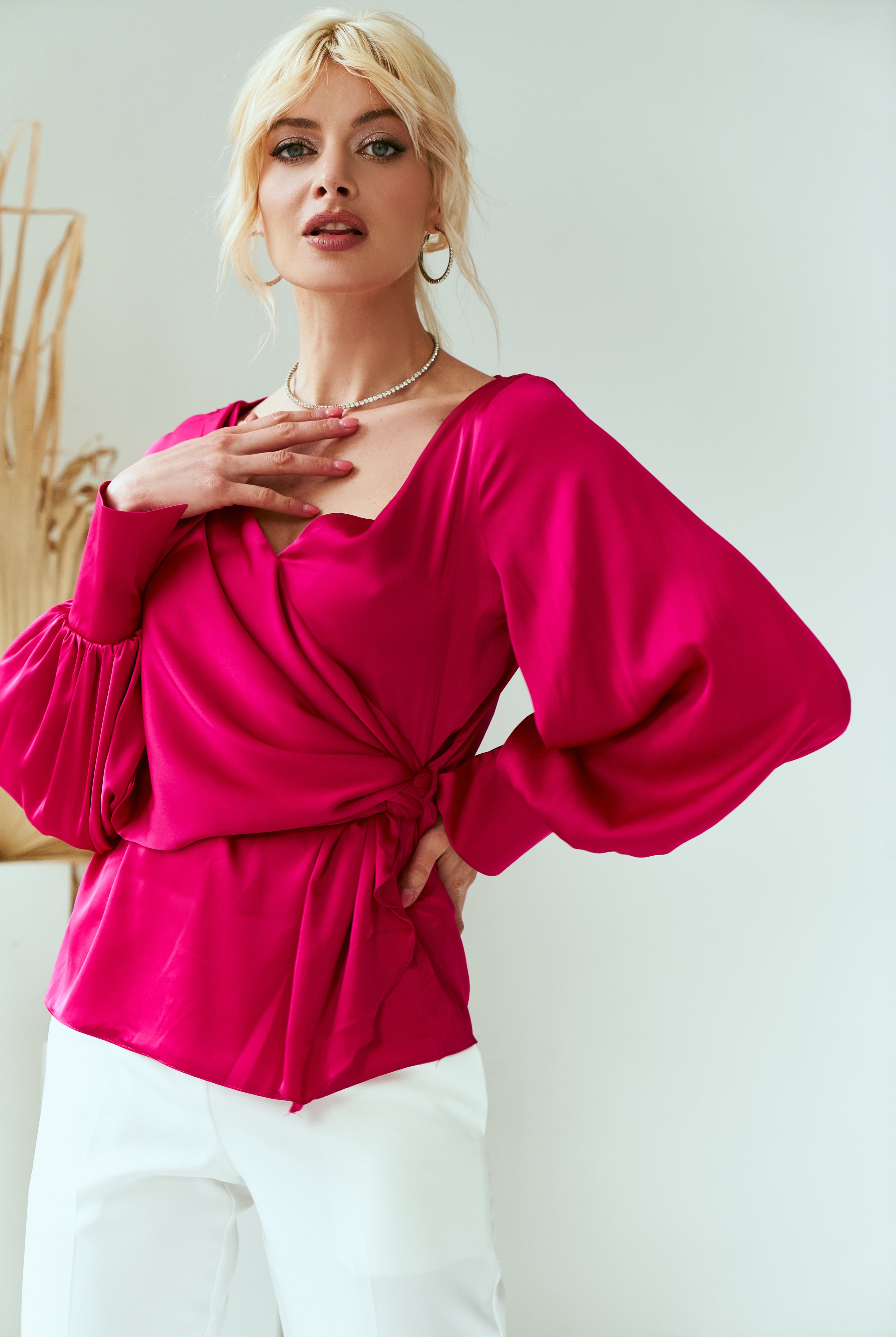 ELAGIA crimson silk blouse back view - elegant white dress long sleeve inspired wrap top showing rear silhouette