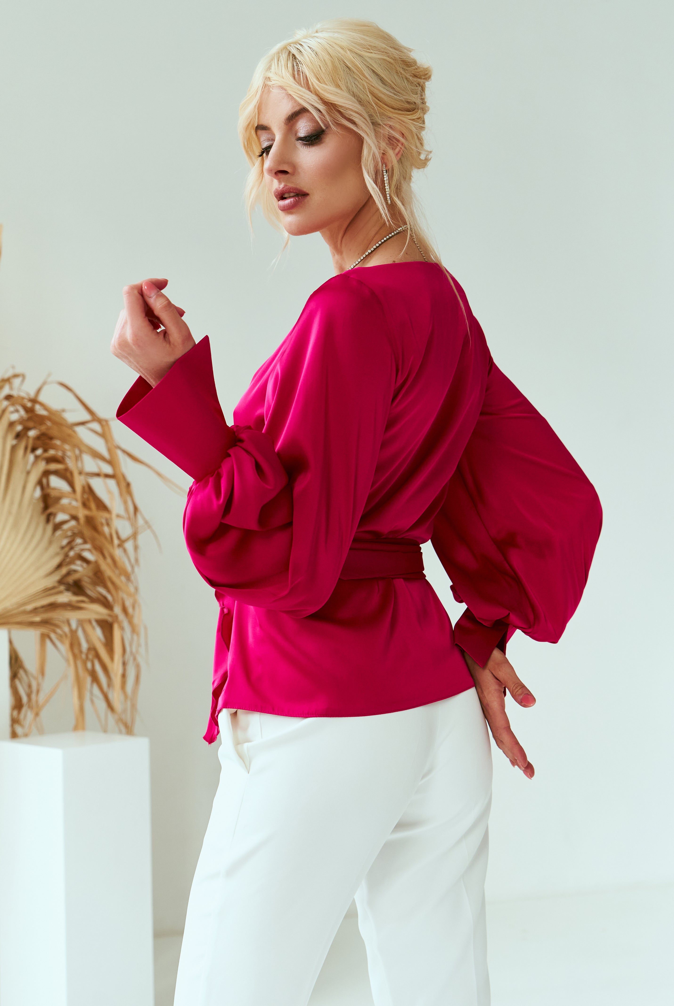 ELAGIA crimson silk blouse styled look - elegant white dress long sleeve inspired top worn with coordinating pieces