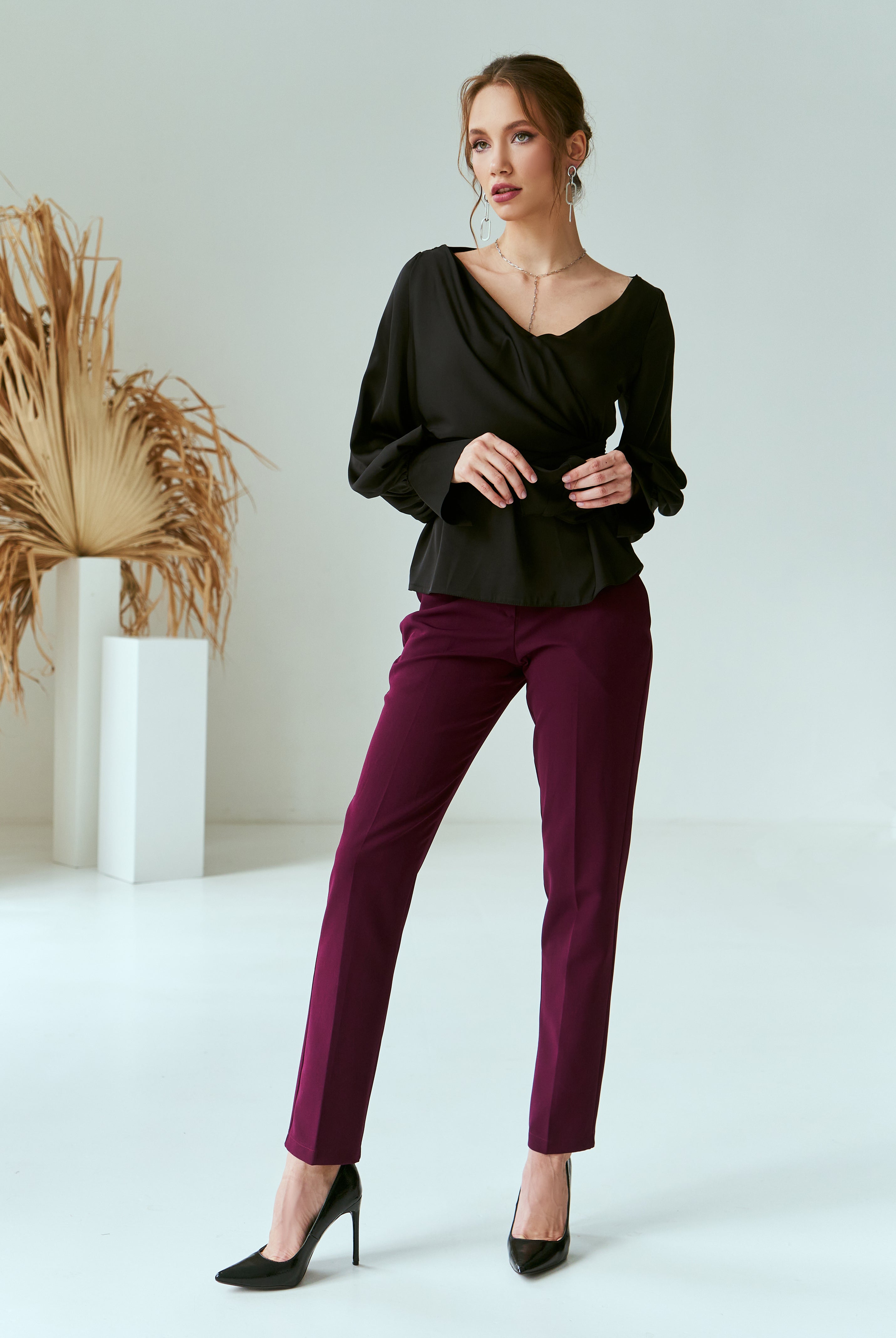 ELAGIA black silk puff-sleeve wrap blouse front view - women's black suit set piece with elegant silhouette