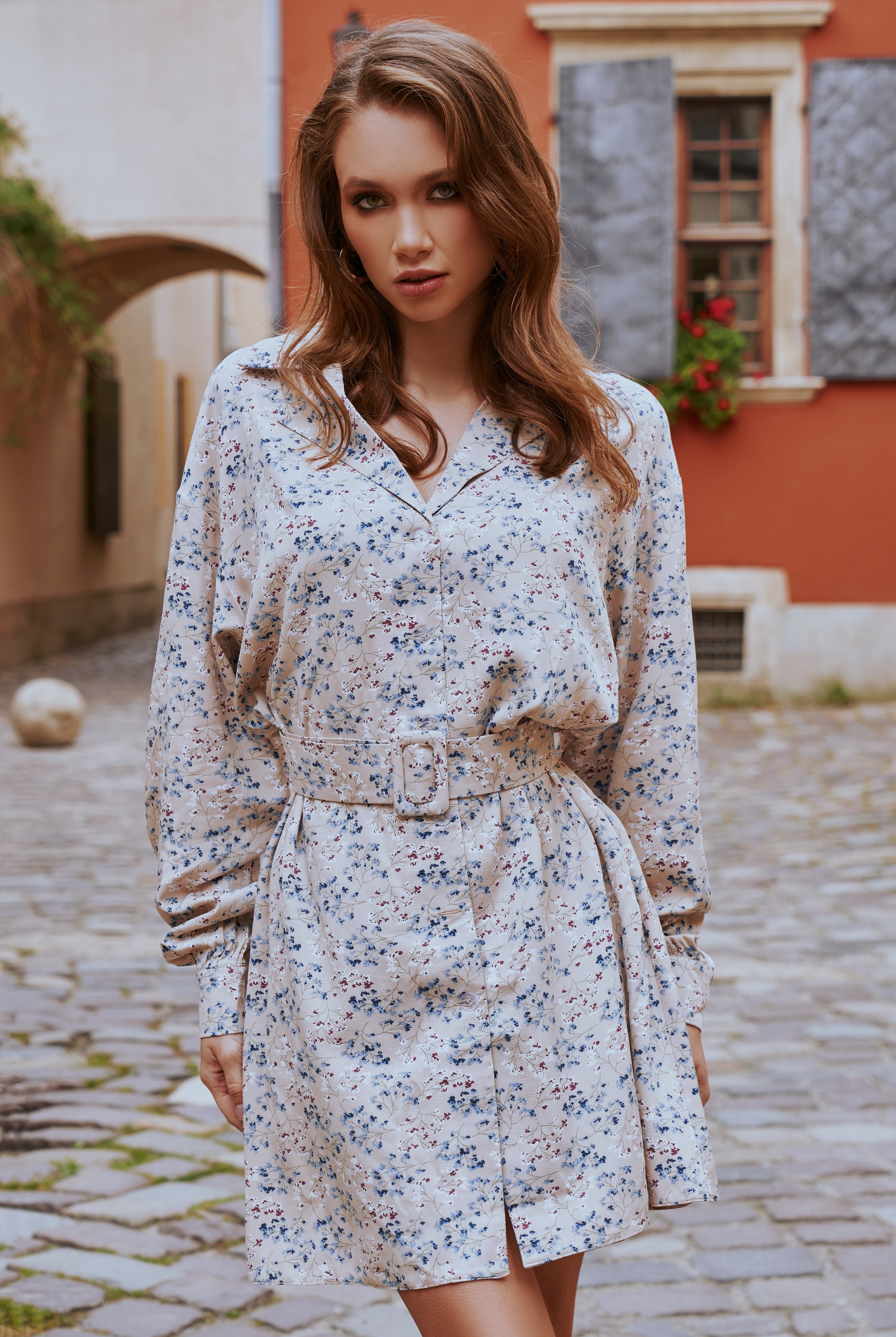 ELAGIA floral-print belted mini dress color and print close-up for 3 piece women's suit collection