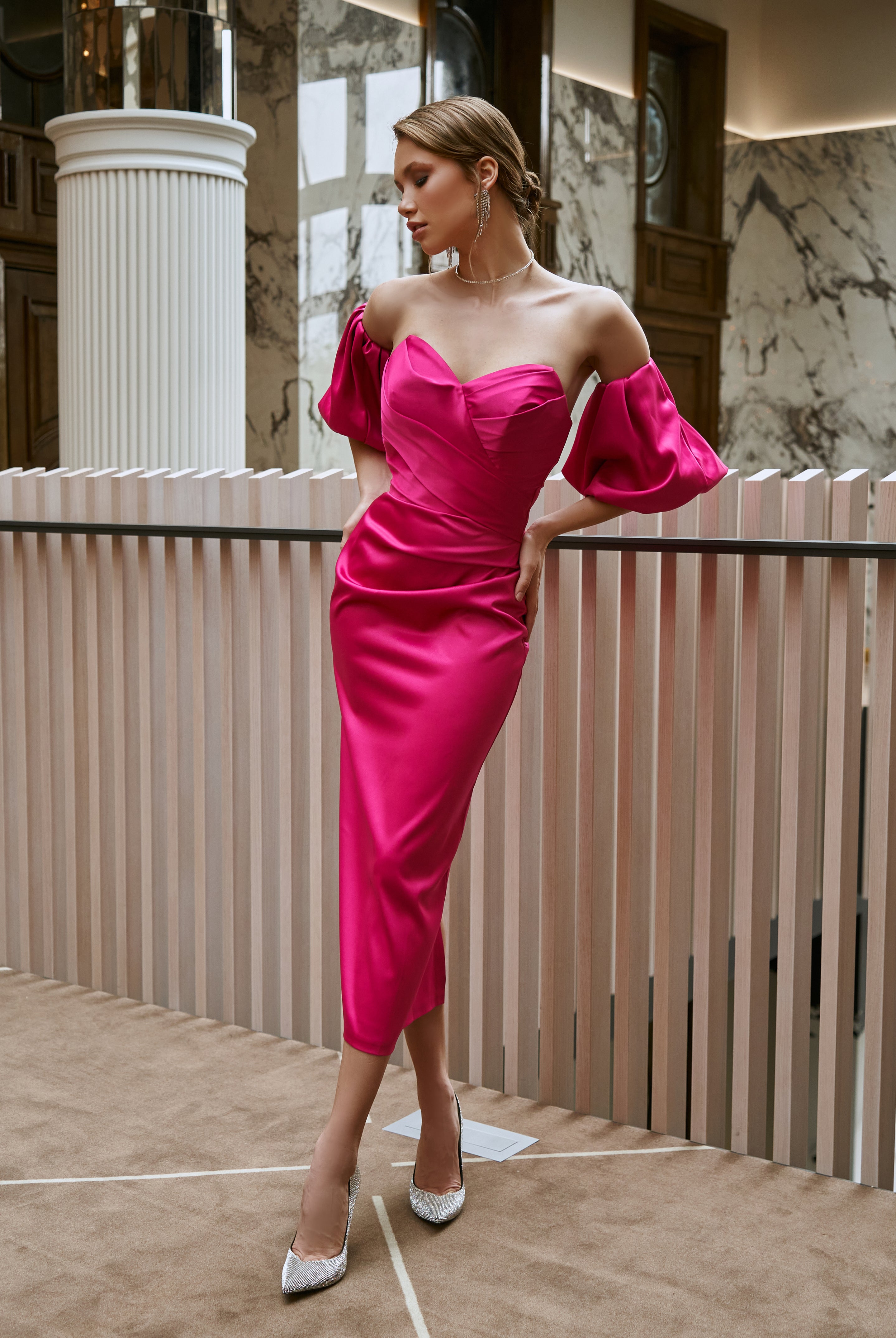 ELAGIA Crimson Satin Sweetheart Puff-Sleeve Midi Dress front view - purple business suit women 3 piece women's suit