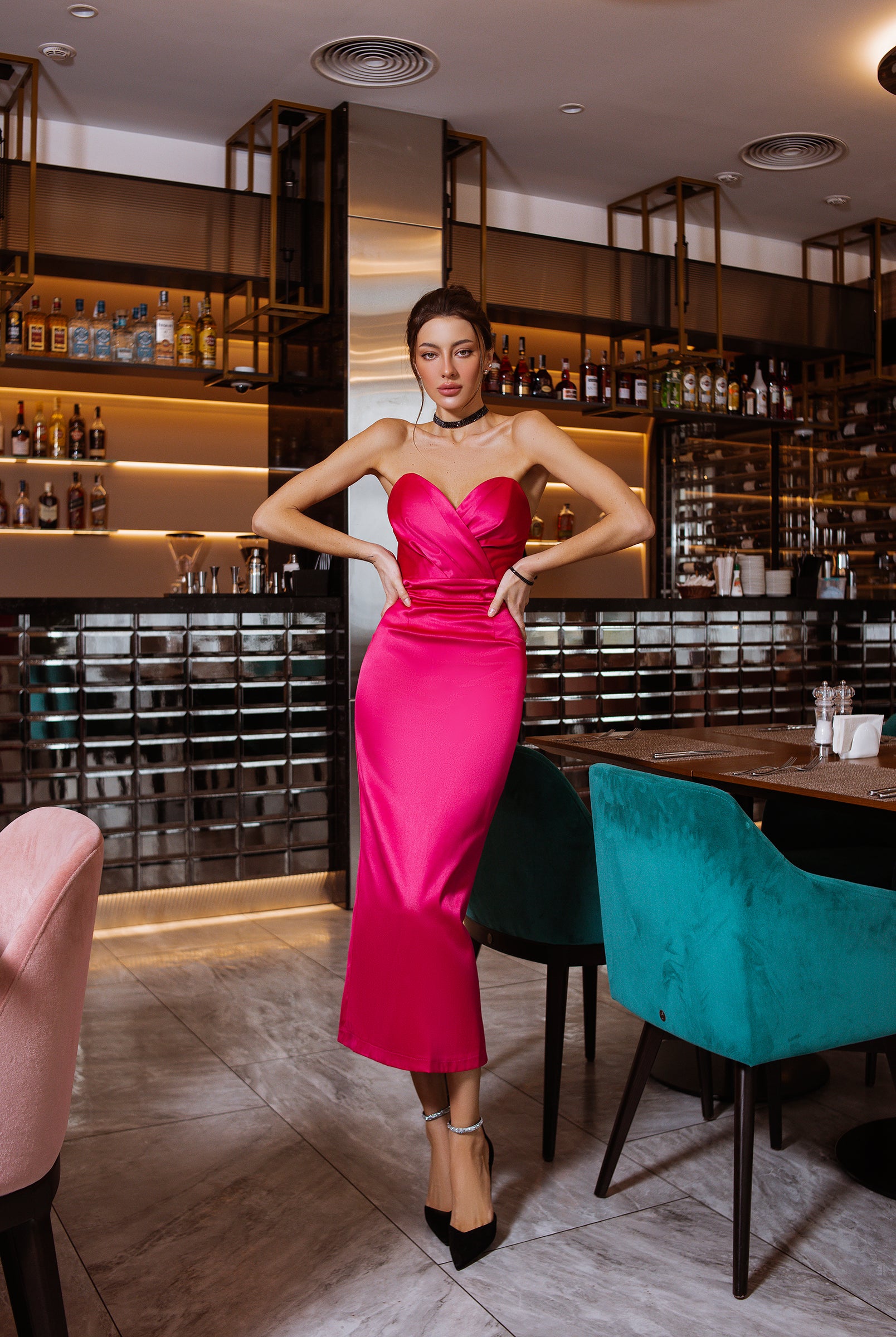 ELAGIA Crimson Puffed Sleeve Midi Dress - three-quarter angle view emphasizing dress shape and crimson color