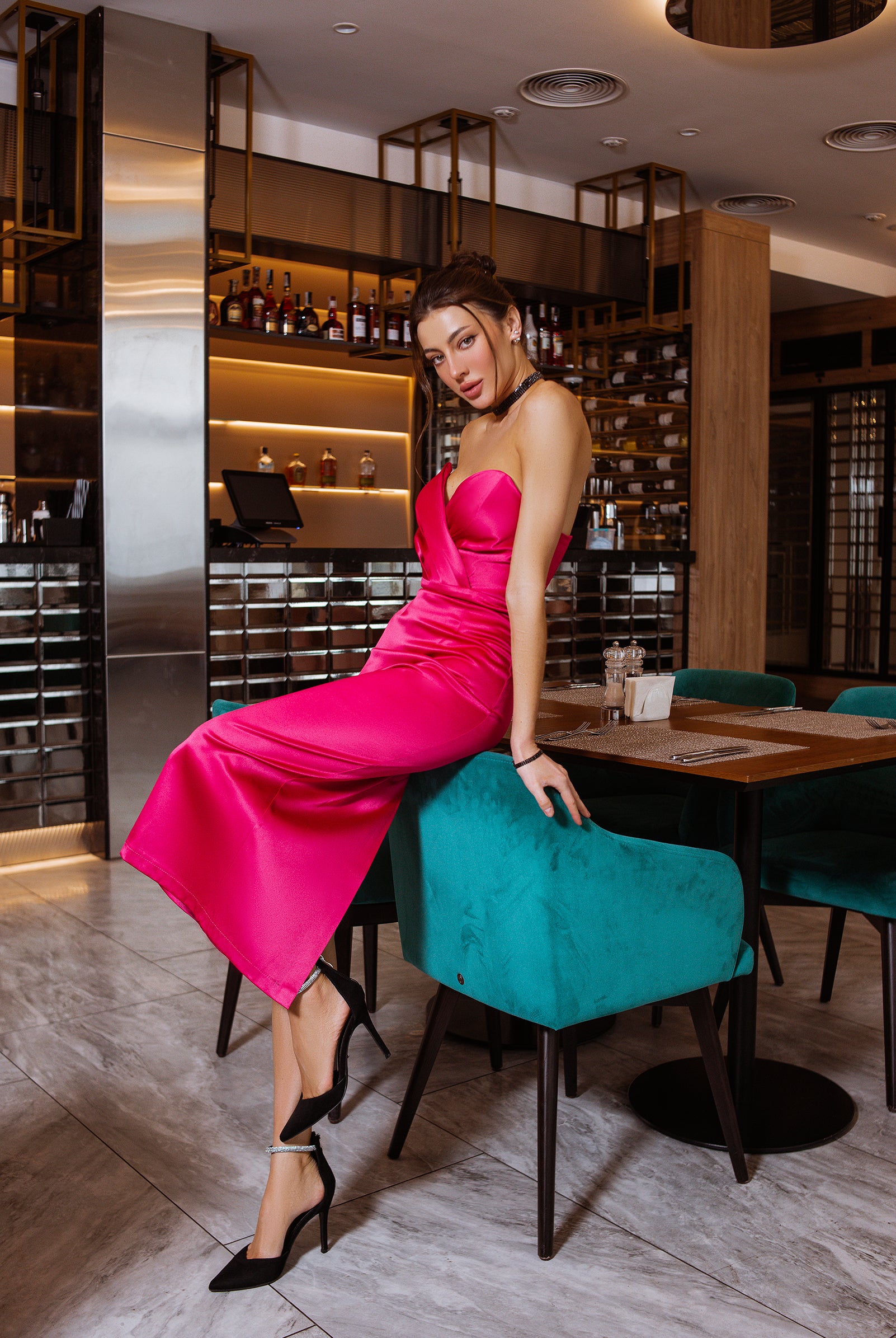 ELAGIA Crimson Puffed Sleeve Midi Dress - full-length styled shot showing dress paired with shoes and accessories