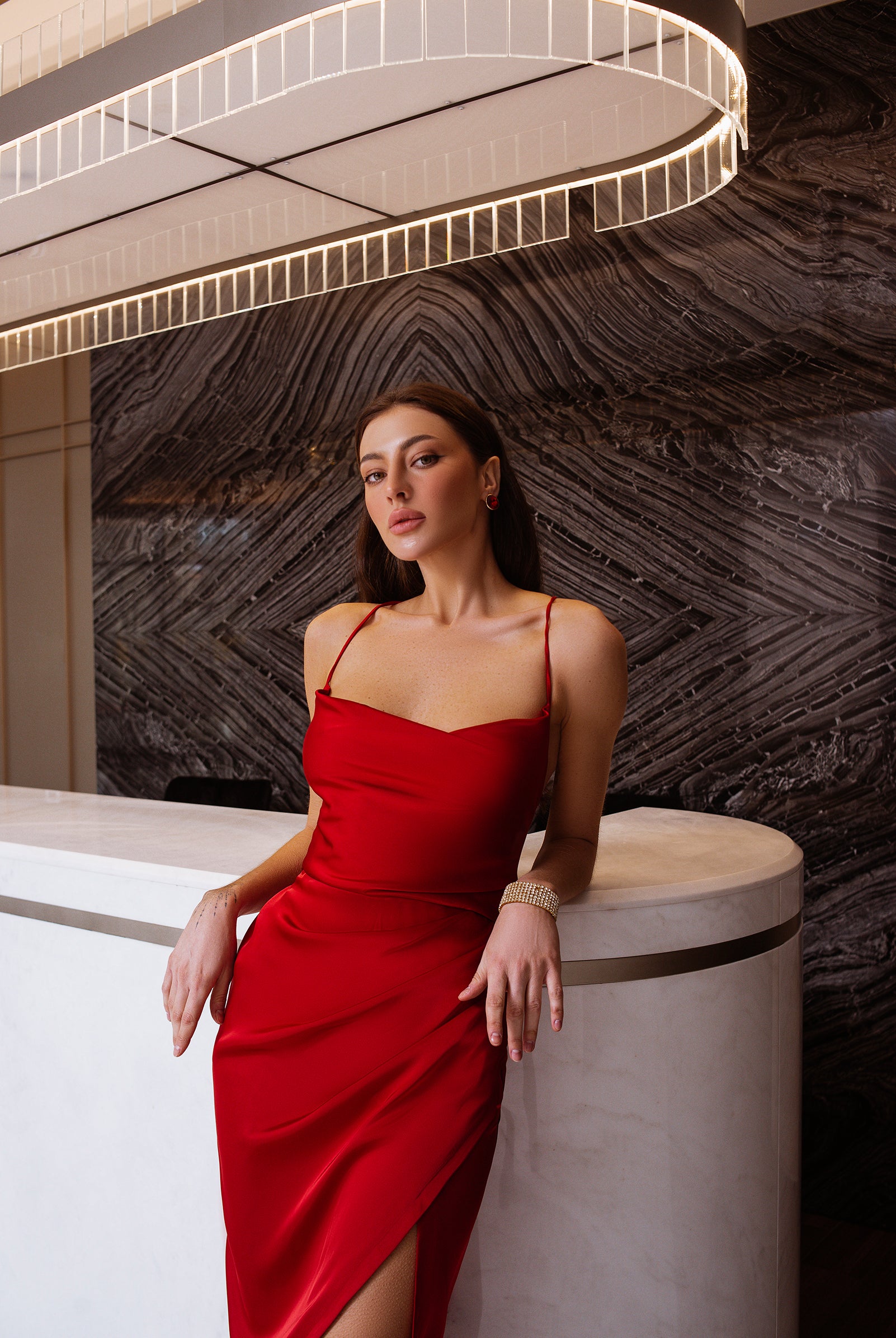 Red Satin Slip Midi Dress - View 8 | ELAGIA
