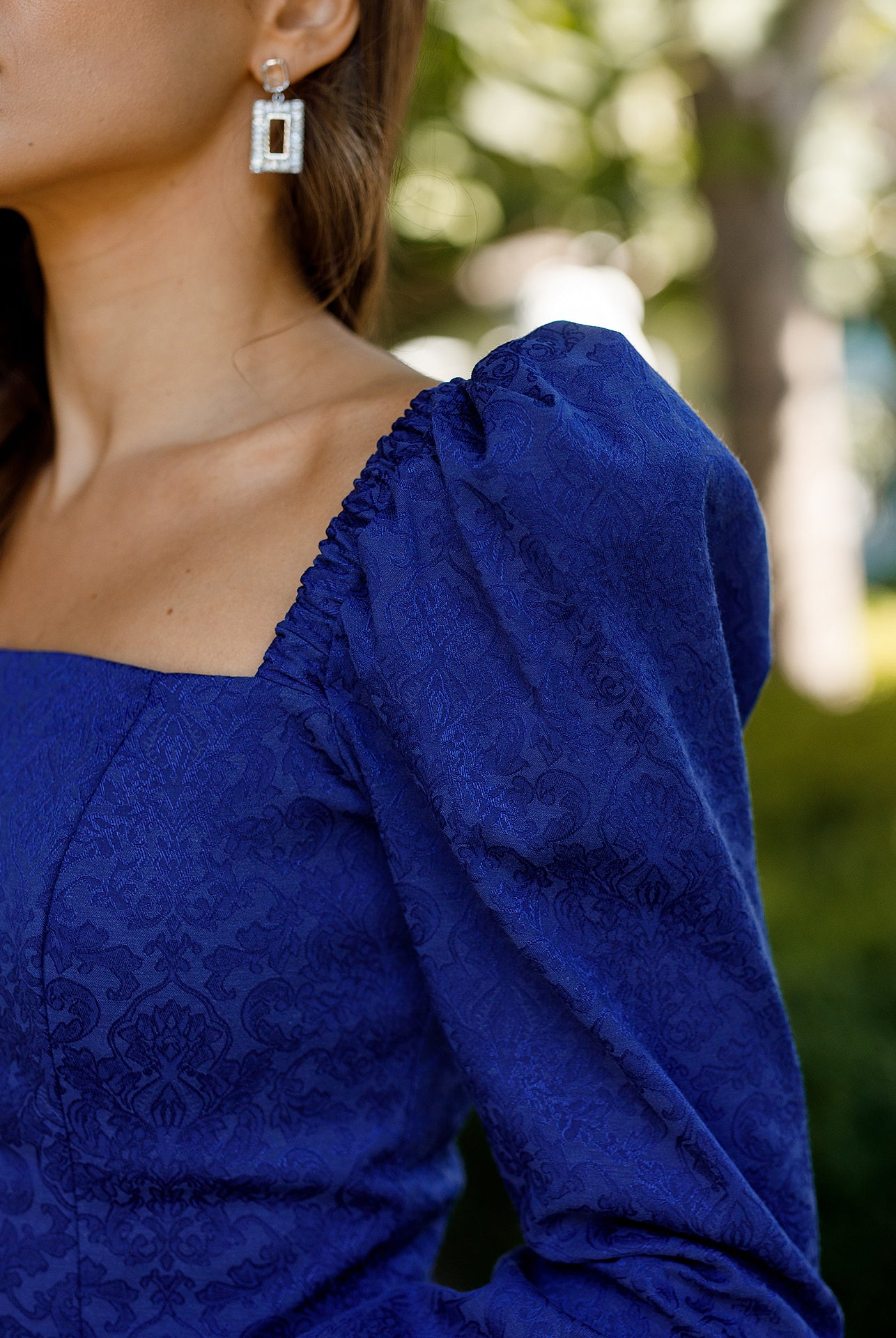 Blue Square Neck Long Sleeve Mini Dress - view 19 | ELAGIA