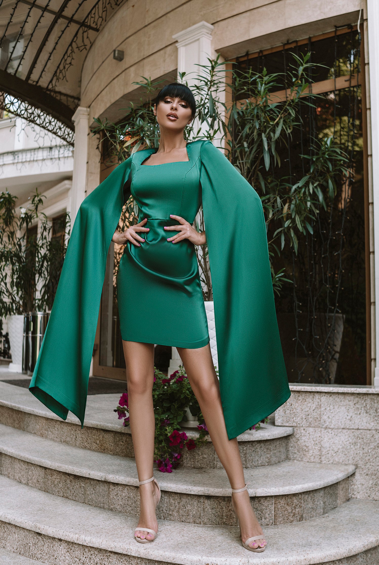 ELAGIA Emerald Satin Cloak Sleeve Mini Dress styled look with accessories - purple business suit women inspired
