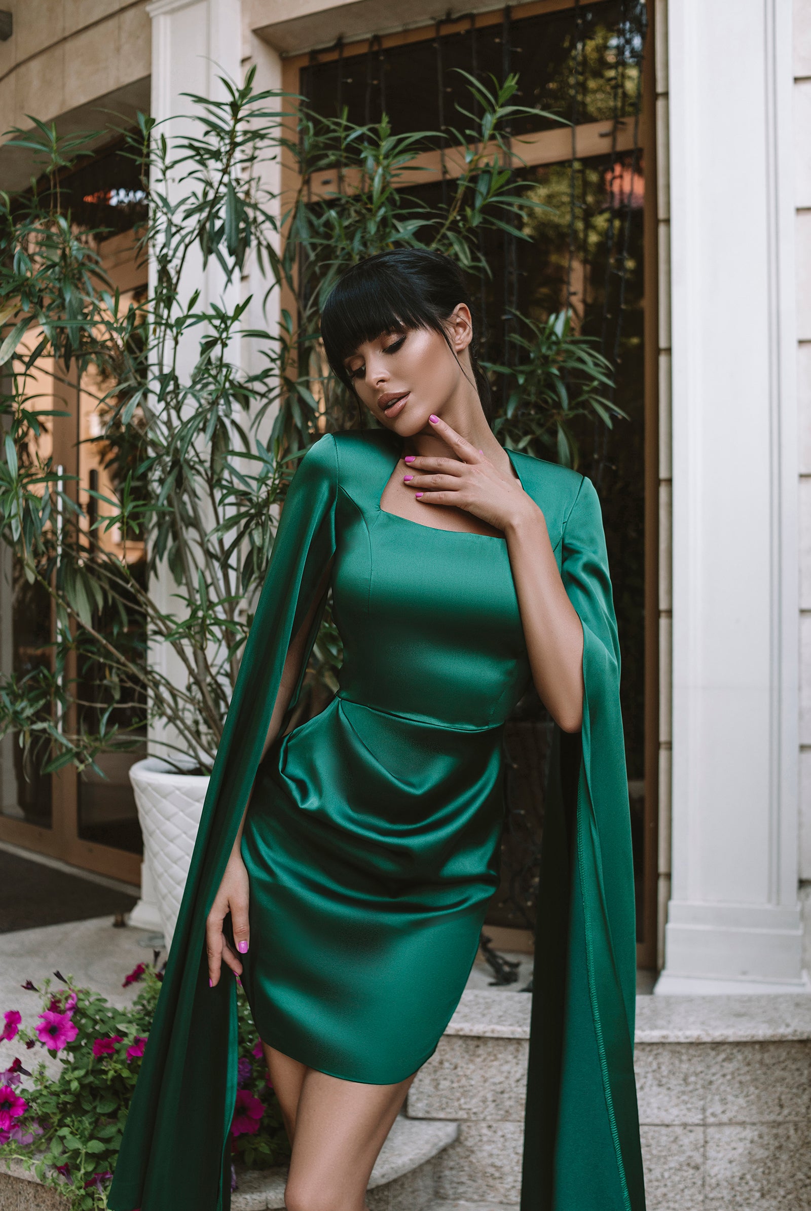 ELAGIA Emerald Satin Cloak Sleeve Mini Dress worn by model in studio - purple business suit women alternative