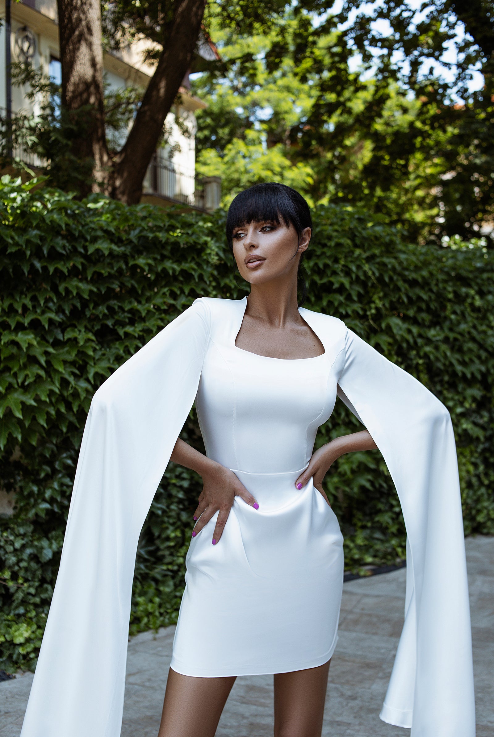 ELAGIA White Satin Cloak Sleeve Mini Dress layered styling - sophisticated 3 piece women's suit alternative