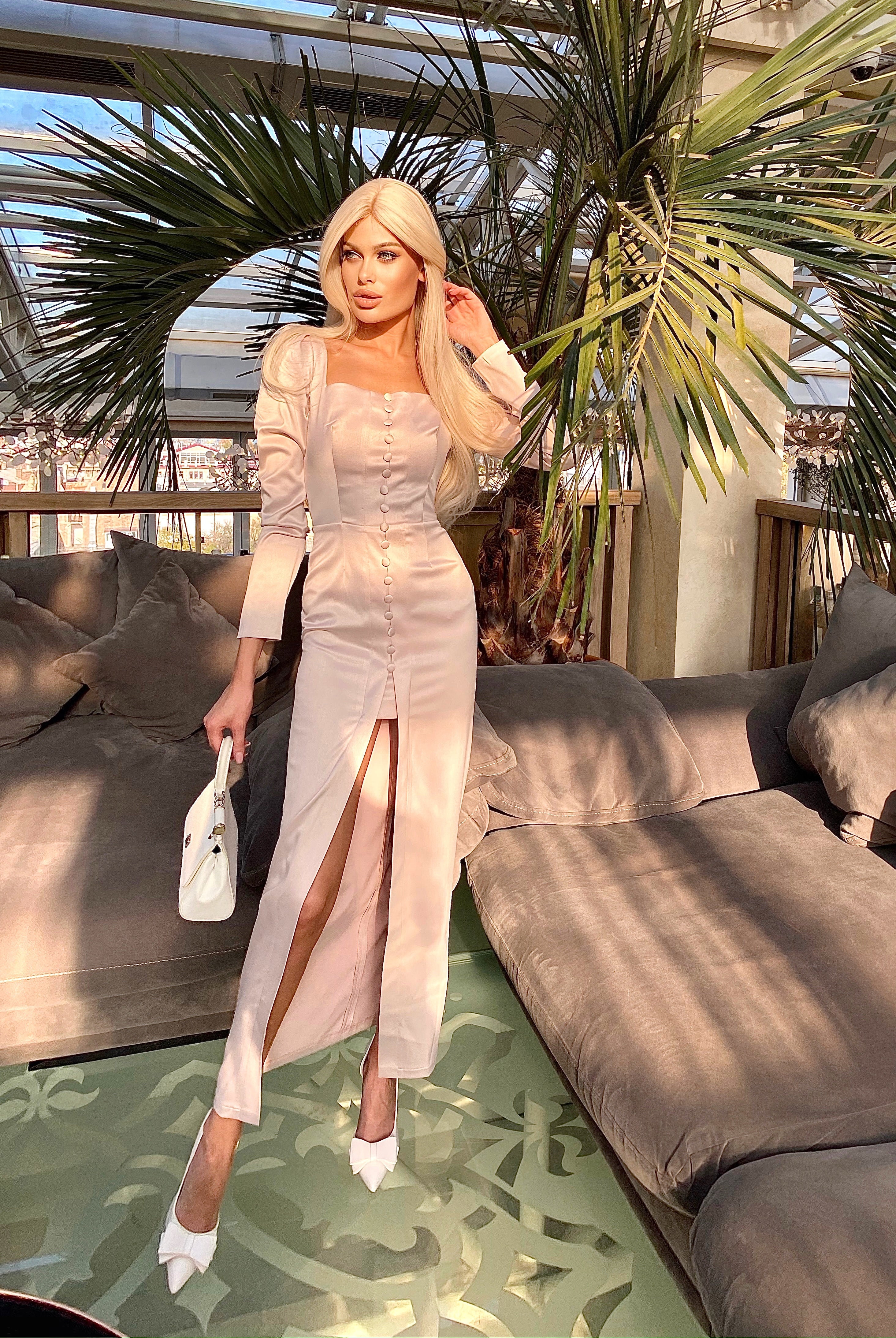 ELAGIA beige satin maxi dress back view showing flowing silhouette - sophisticated purple business suit women style