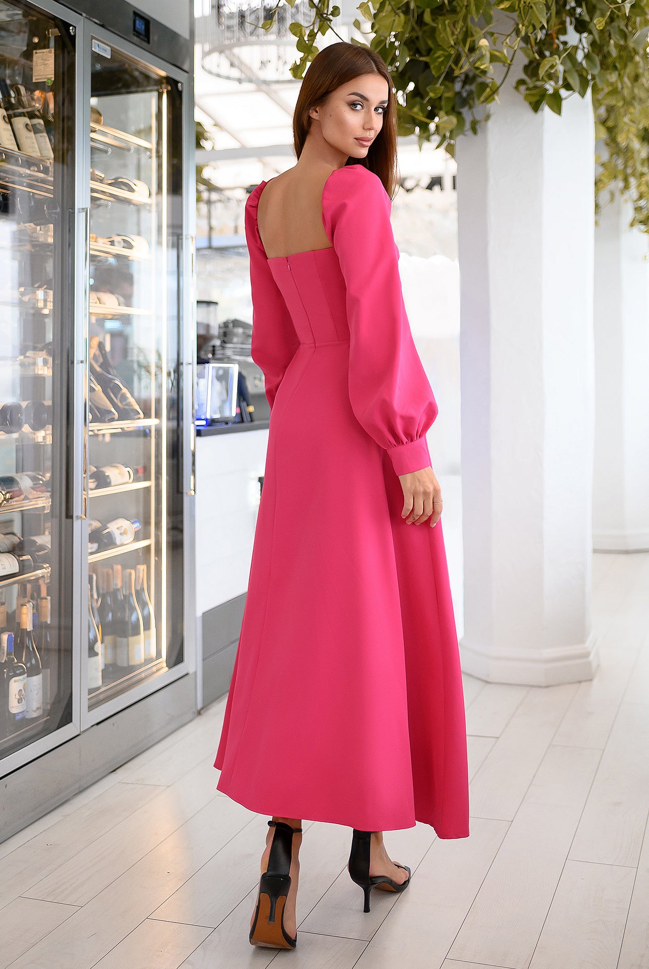 ELAGIA crimson puff-sleeve midi dress side angle - chic 3 piece women's suit silhouette in rich red tone