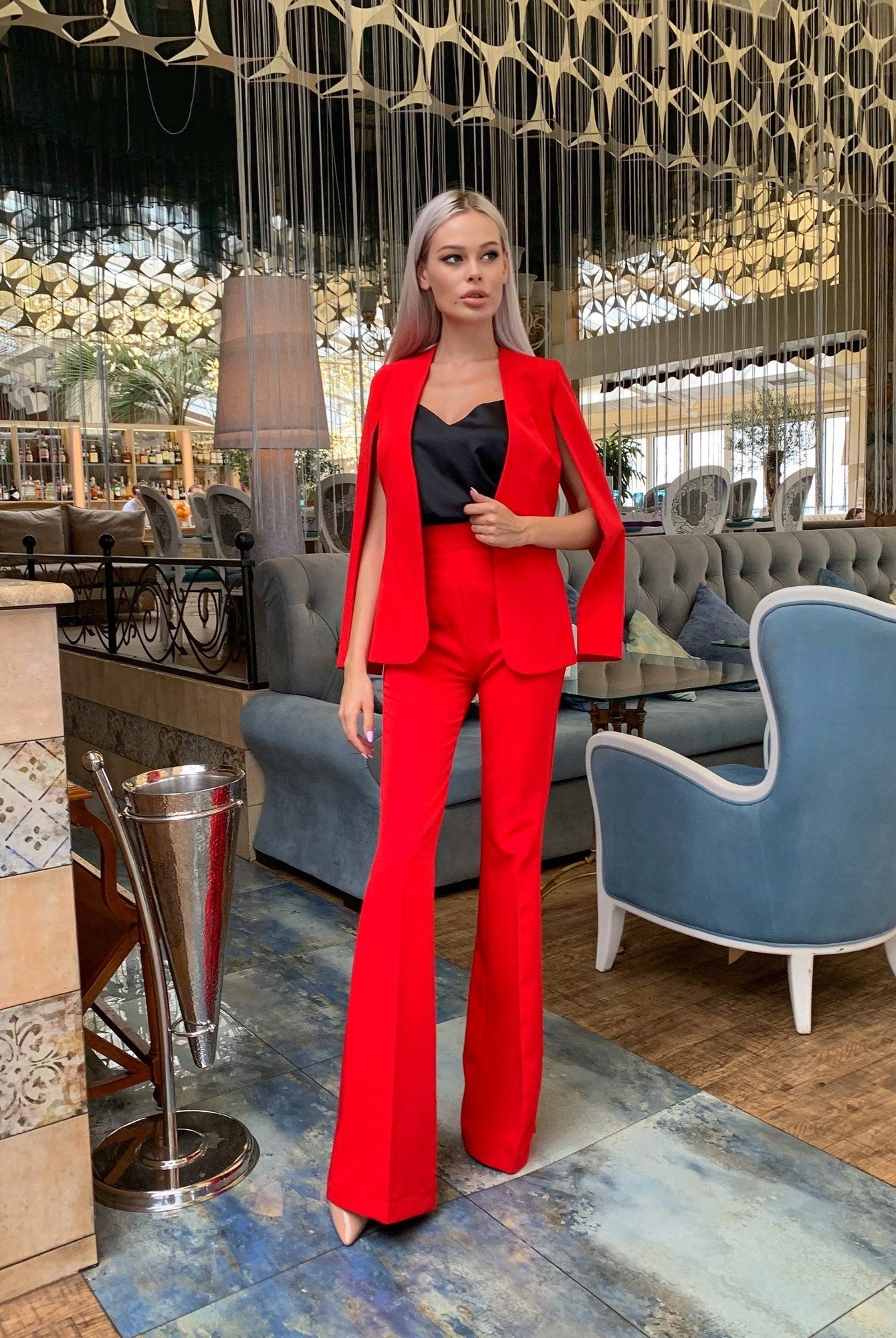 ELAGIA Red Slit Sleeve Suit 2-Piece sleeve detail showcasing slit design - purple business suit women feature