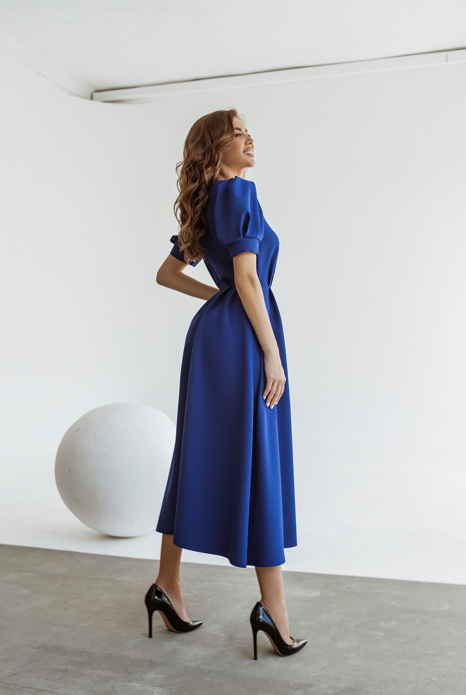 ELAGIA blue puff-sleeve midi dress back view showing button details - 3 piece women's suit purple business suit women