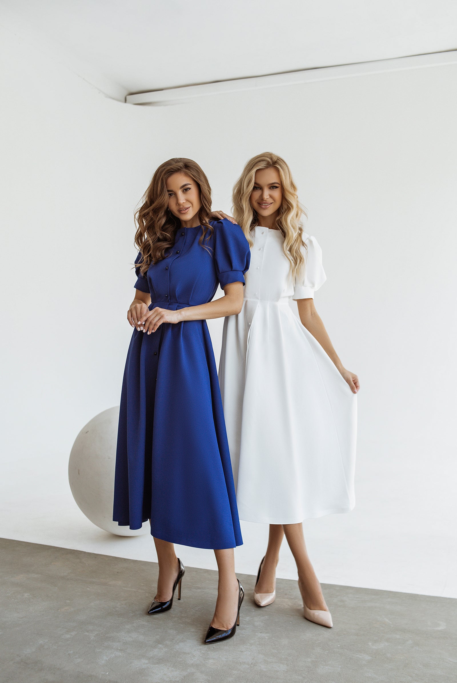 ELAGIA blue buttoned midi dress full styled ensemble - 3 piece women's suit purple business suit women look