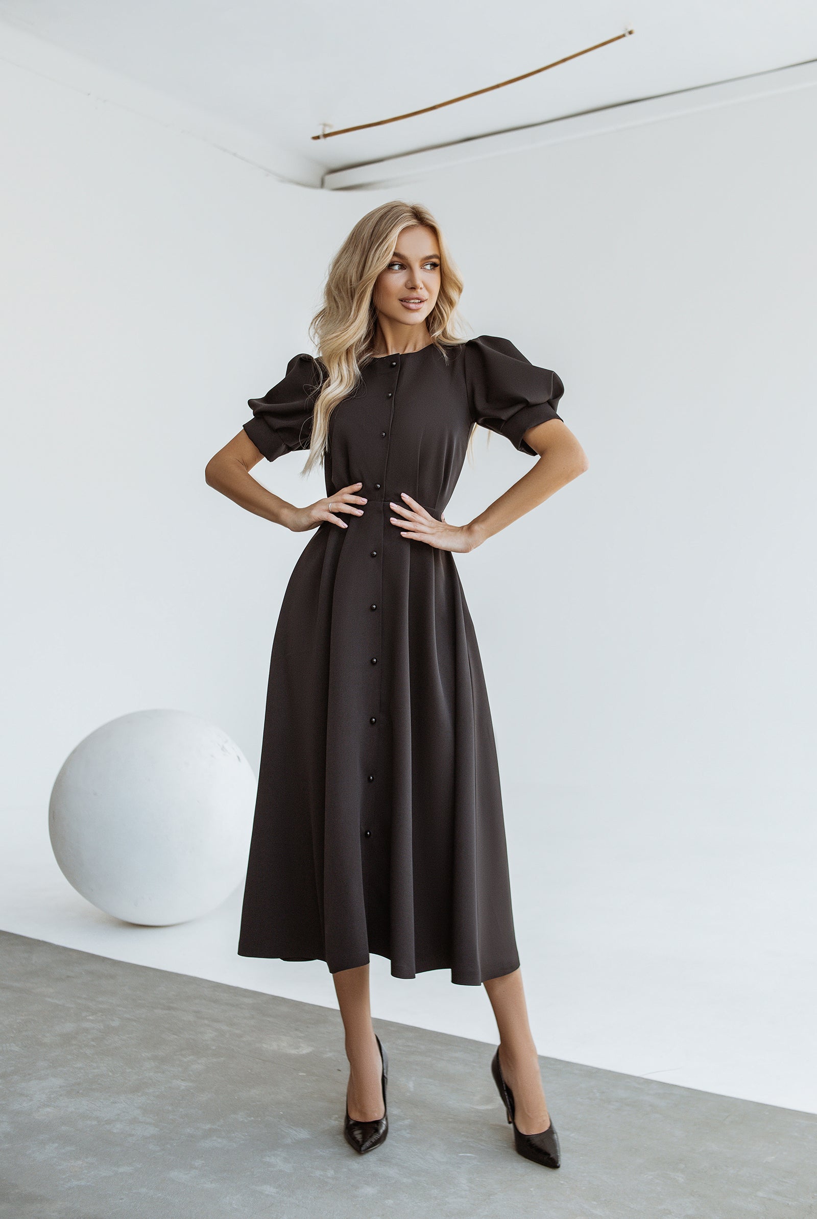 Black Buttoned Puff-Sleeve Midi Dress - front view | ELAGIA
