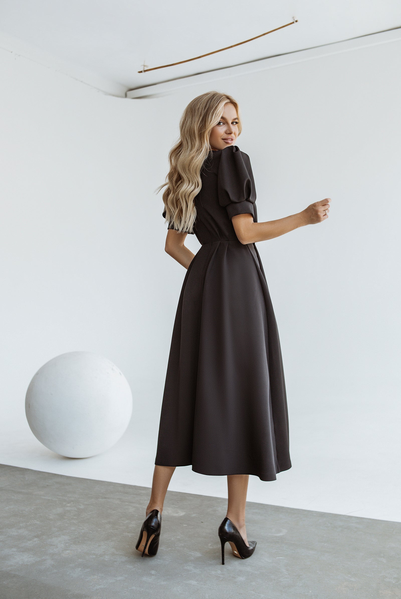 Black Buttoned Puff-Sleeve Midi Dress - side view | ELAGIA