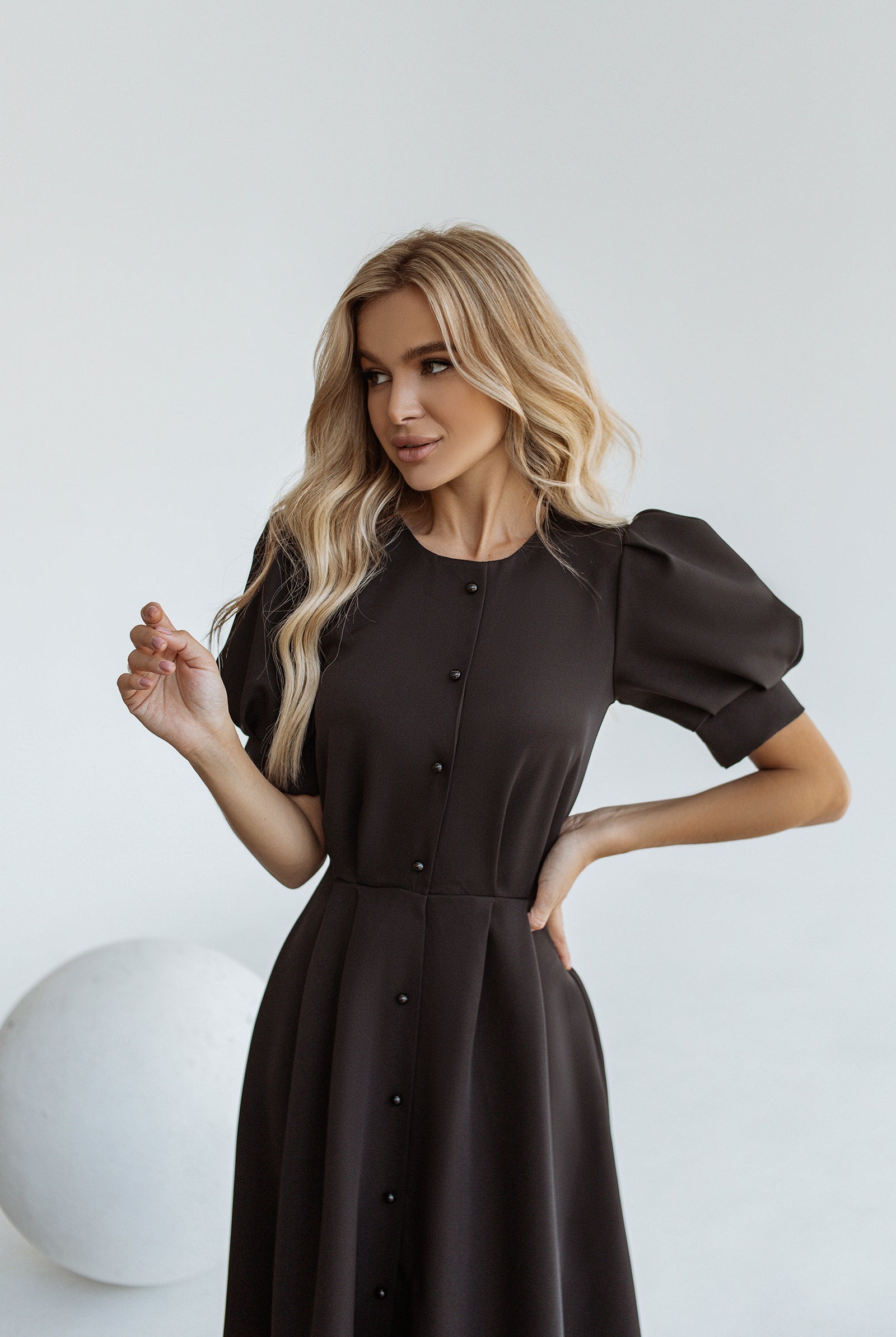Black Buttoned Puff-Sleeve Midi Dress - back view | ELAGIA