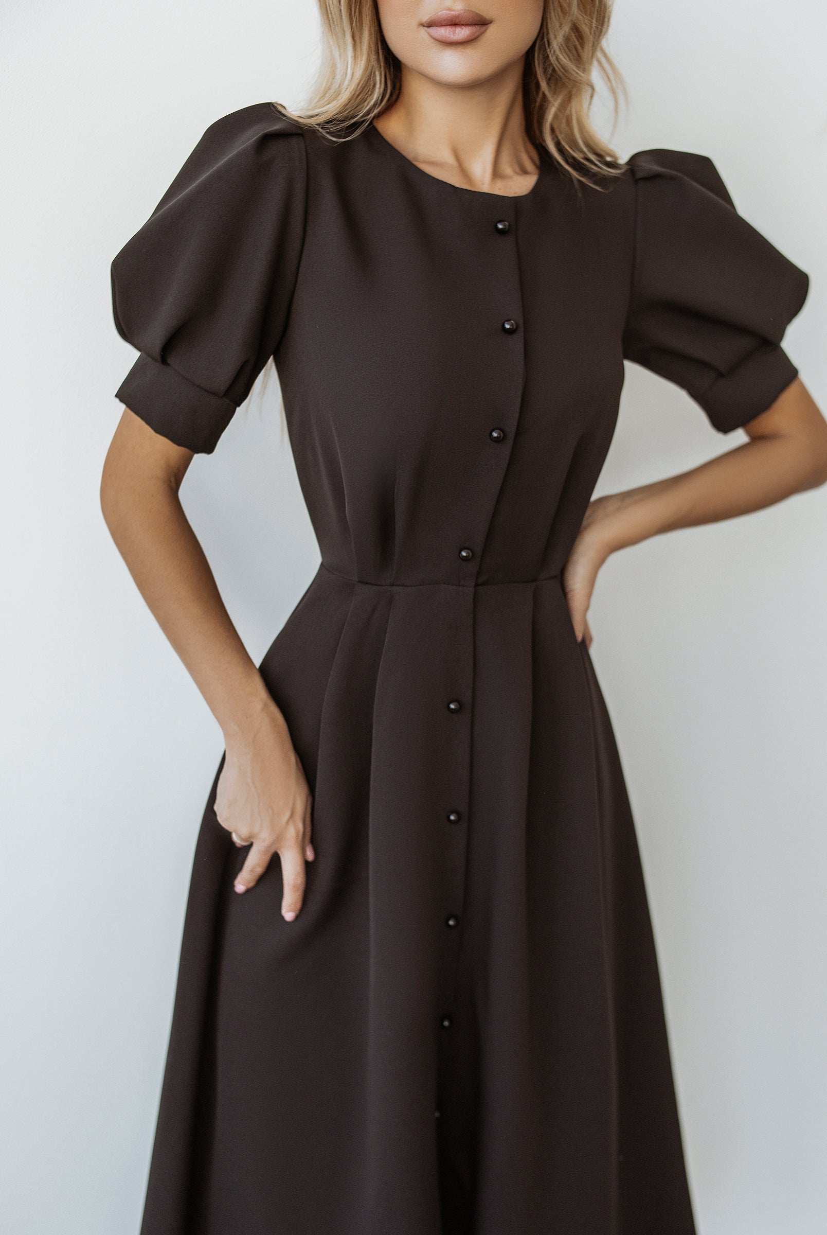 Black Buttoned Puff-Sleeve Midi Dress - close-up detail | ELAGIA