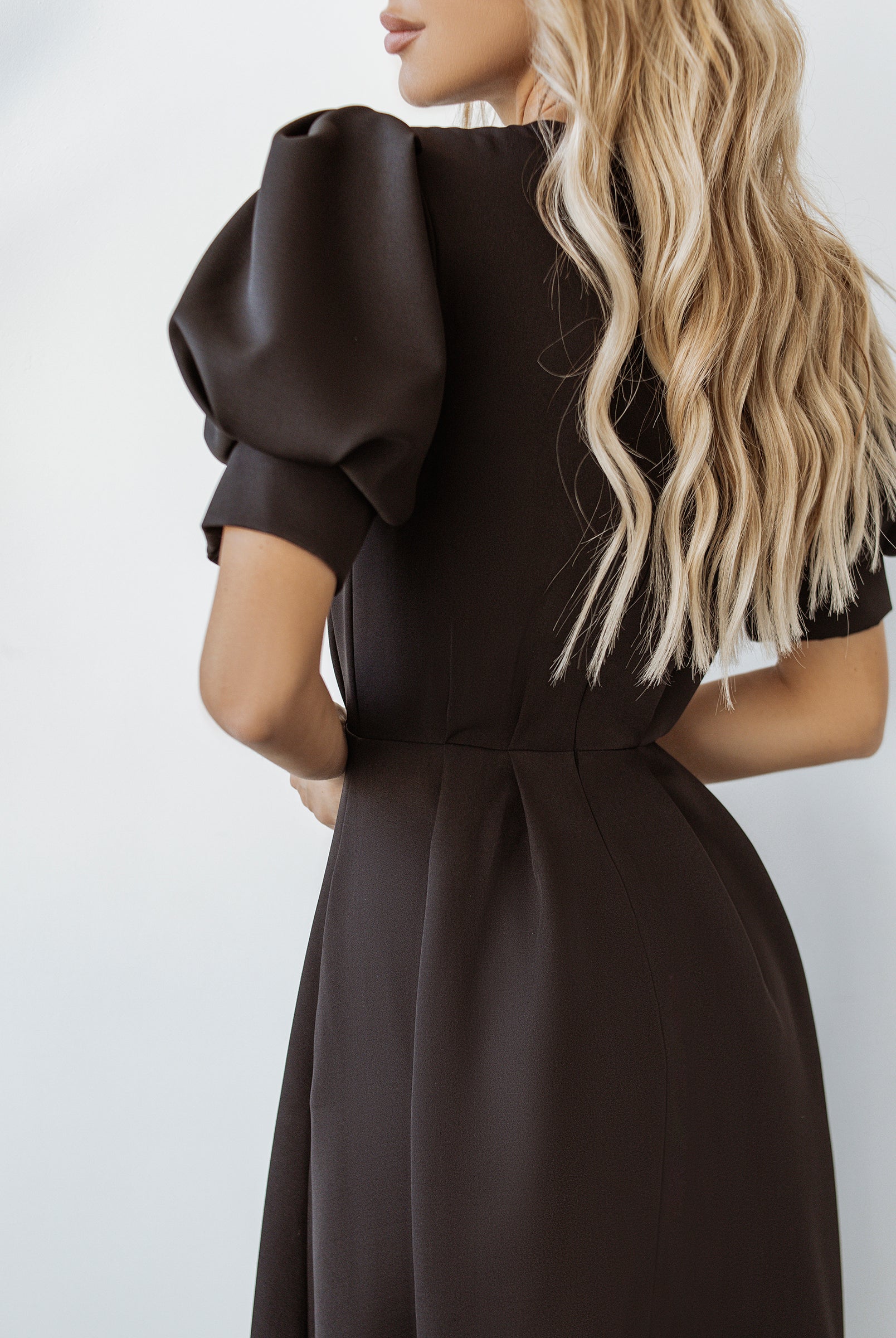 Black Buttoned Puff-Sleeve Midi Dress - styled look | ELAGIA