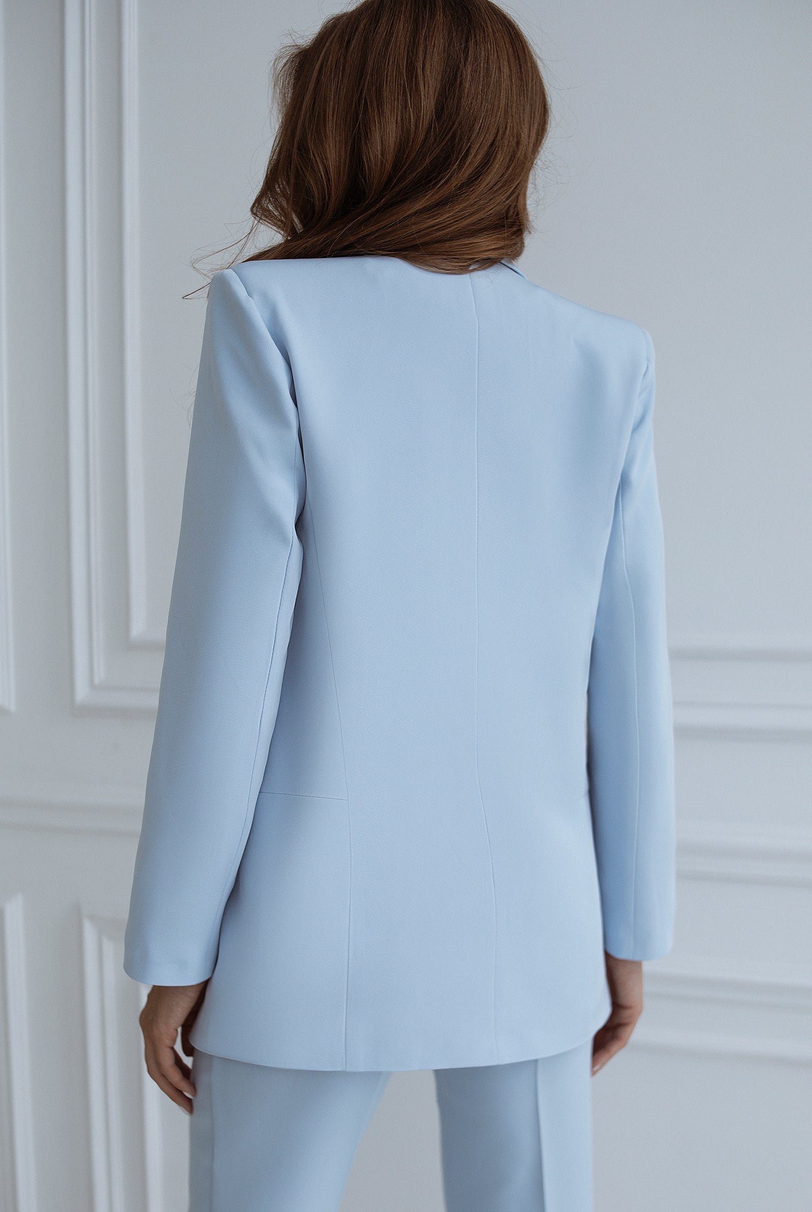 ELAGIA Sky-Blue Shawl Lapels Suit pants detail view - 3 piece women's suit matching trousers professional fit