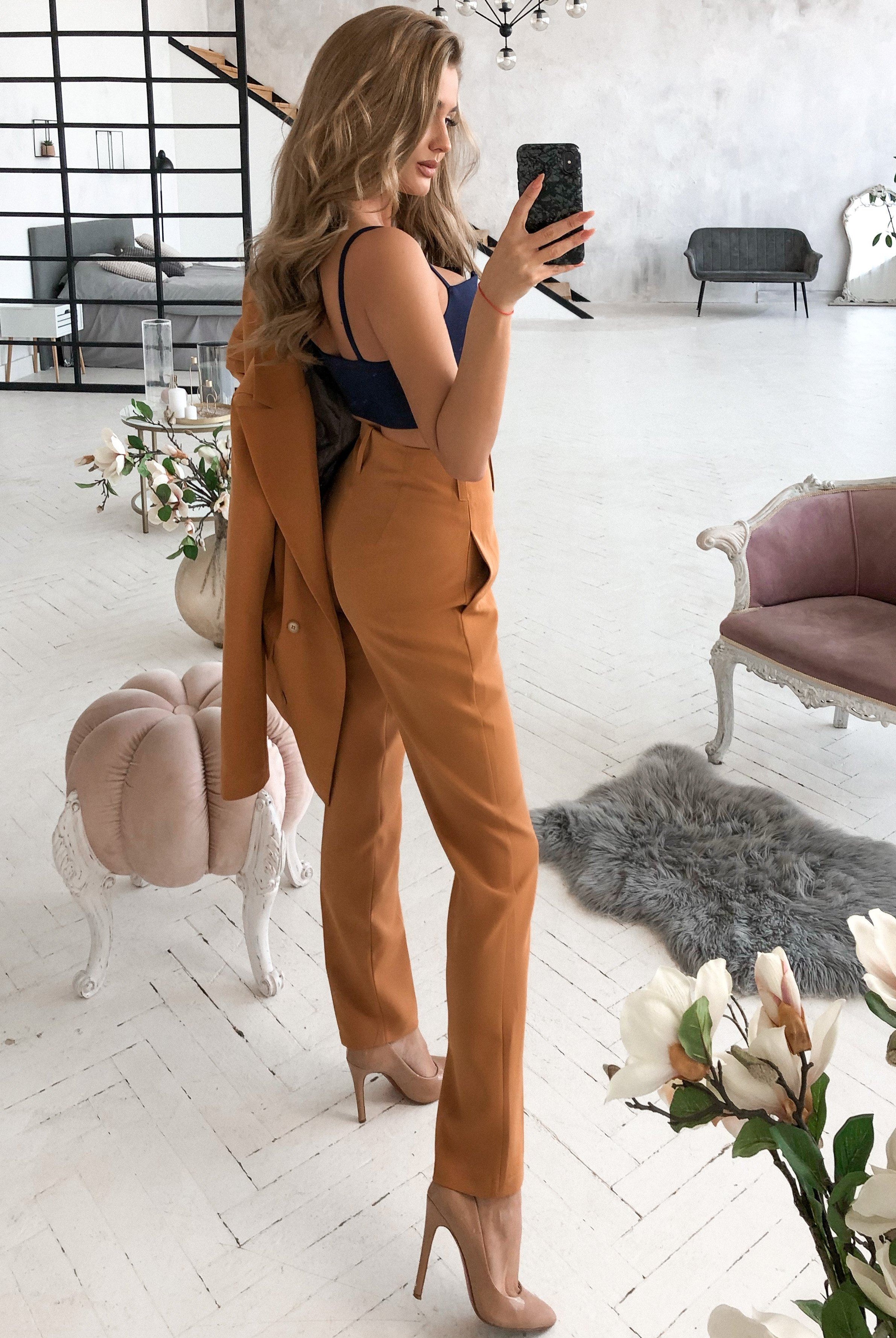 ELAGIA camel double breasted suit full outfit coordination showing blazer and trouser ensemble for professional wear