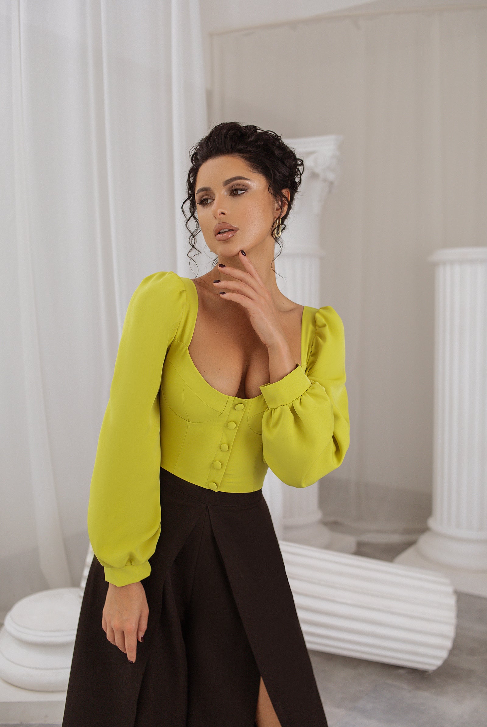 ELAGIA yellow sweetheart puff-sleeve blouse front view - bright yellow puff sleeve blouse with feminine neckline
