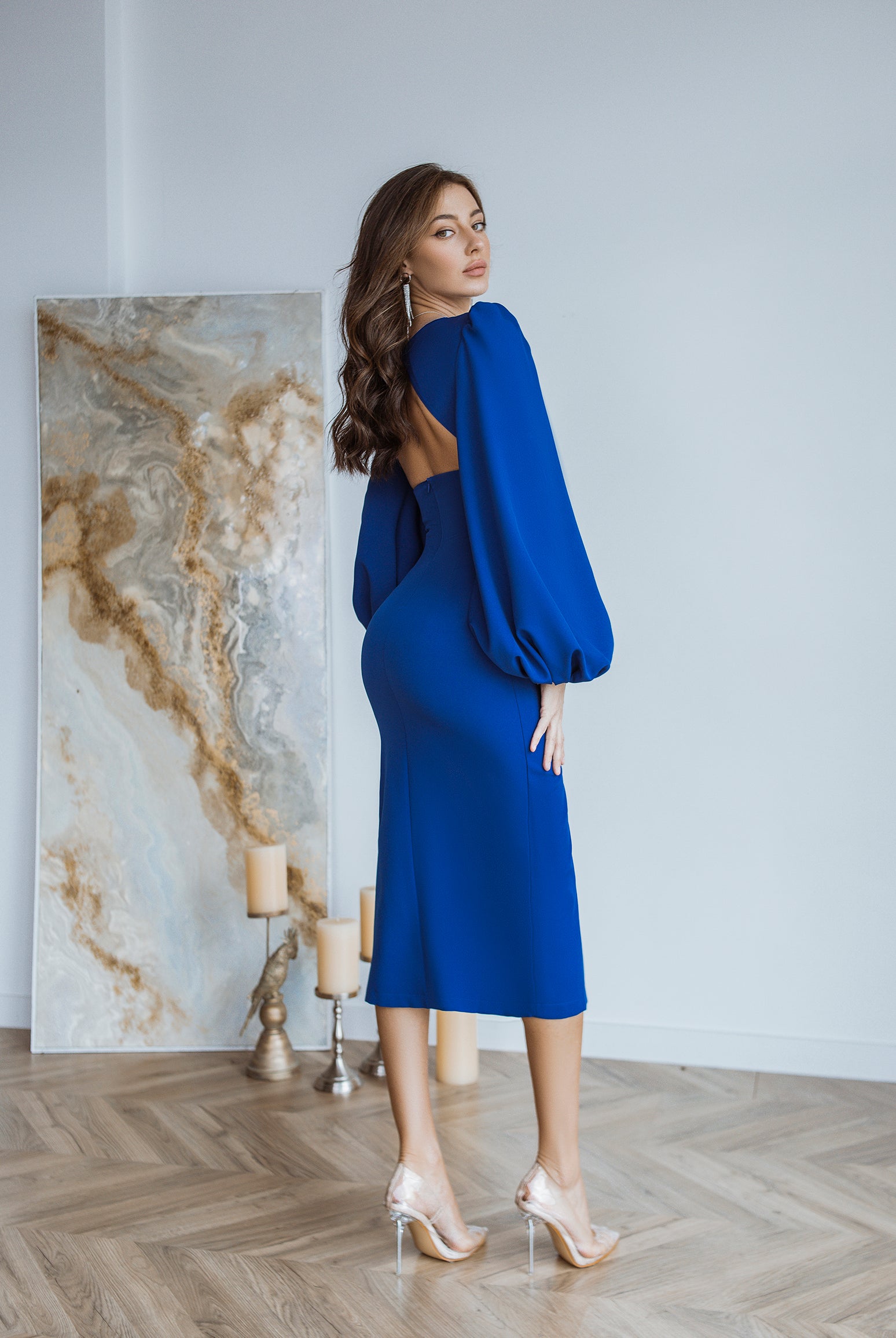 ELAGIA Blue Backless Puff Sleeve Midi Dress - back angle showcasing backless cutout and midi length hemline