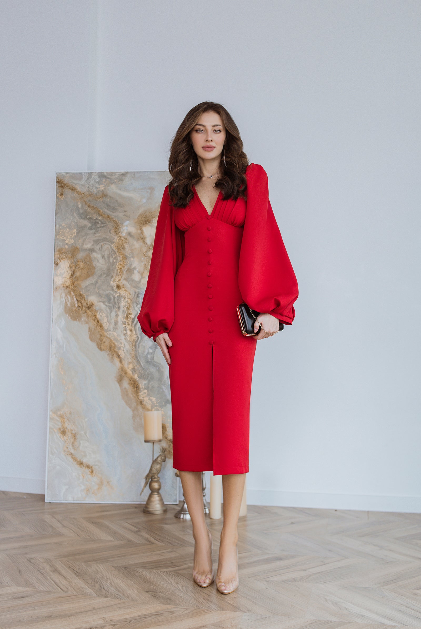 ELAGIA Red Backless Puff Sleeve Midi Dress front view - chic 3 piece women's suit inspired design in crimson