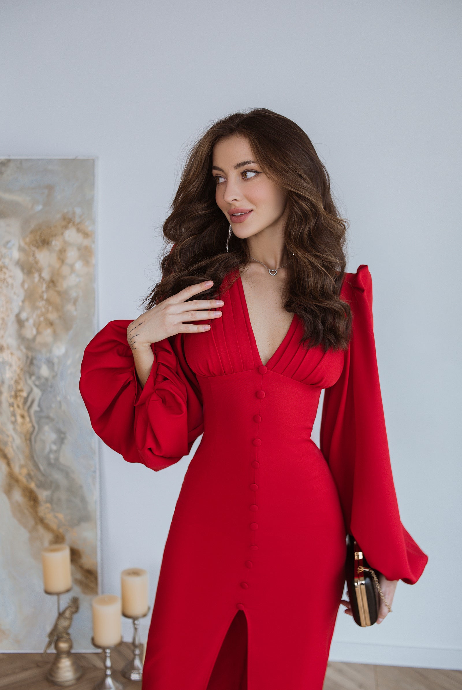 ELAGIA Red Backless Puff Sleeve Midi Dress close-up of backless tie detail in 3 piece women's suit style
