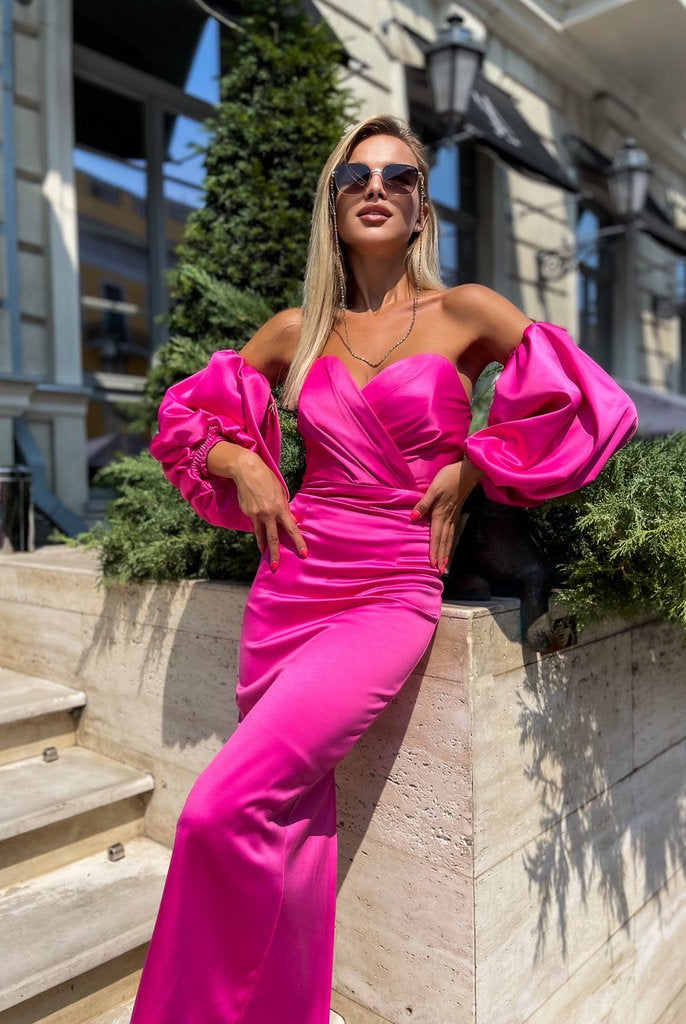 ELAGIA Crimson Puffed Sleeve Midi Dress full length view showcasing 3 piece women's suit proportions and hemline