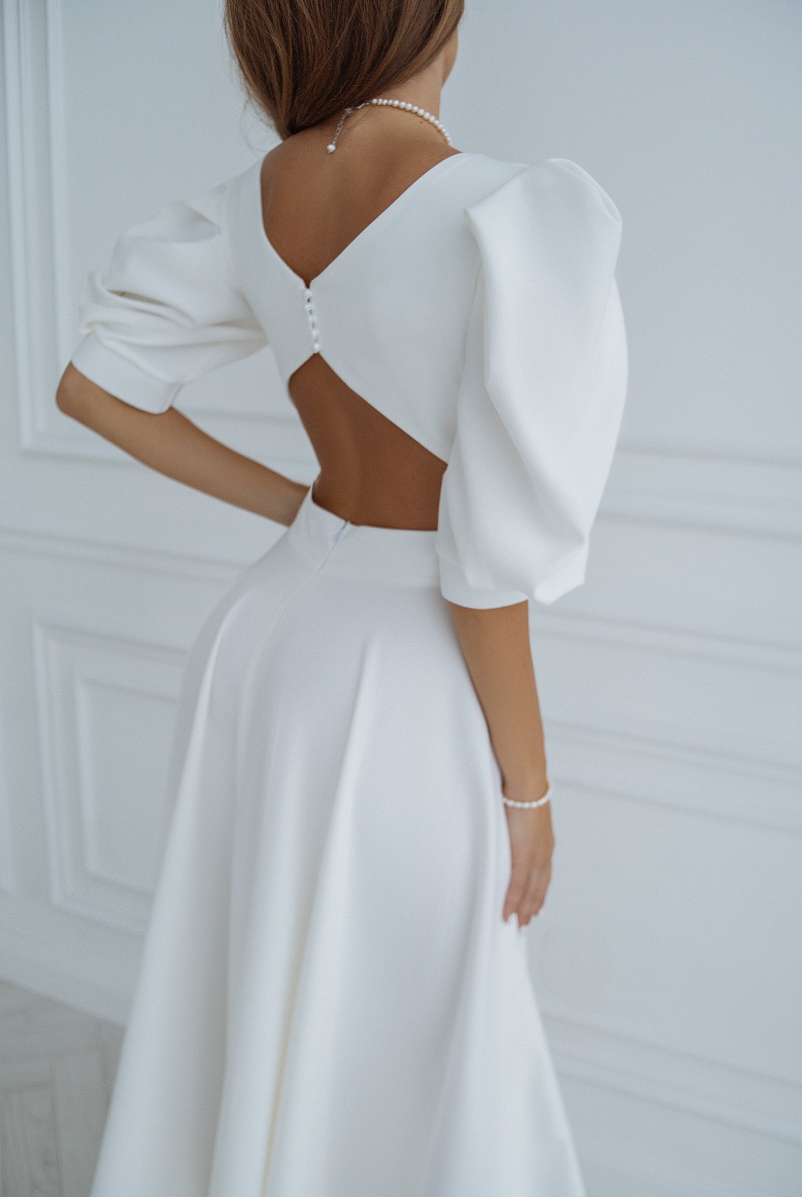 White Backless Puff-Sleeve Midi Dress