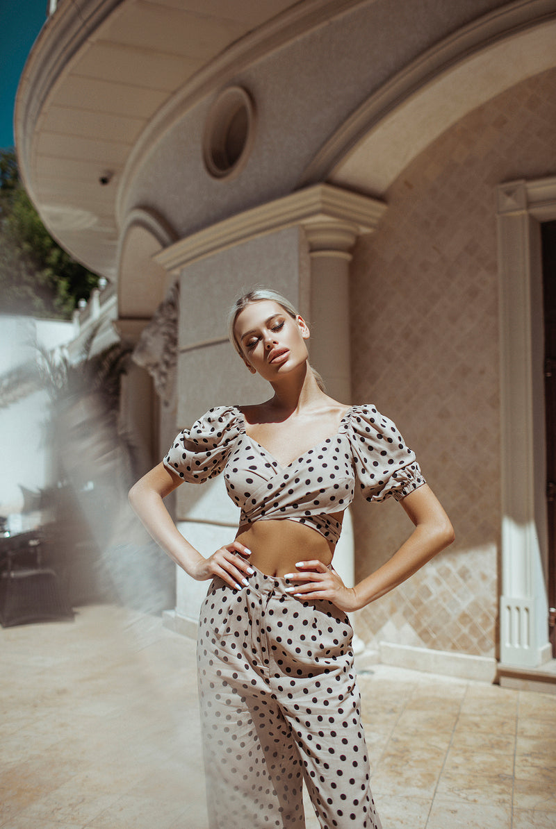 ELAGIA dusty pink polka dot matching set back view - chic purple business suit women inspired coordinate look