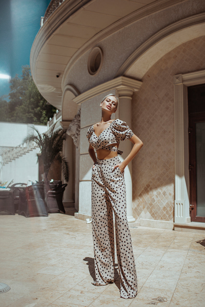 ELAGIA dusty pink polka dot top & pants 2-piece set front view - modern 3 piece women's suit alternative