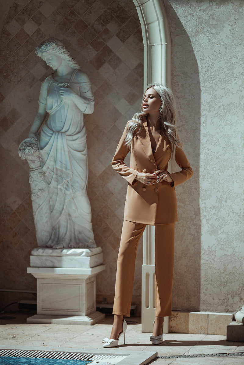ELAGIA camel double breasted suit 2-piece front view - professional women's business suit with structured blazer