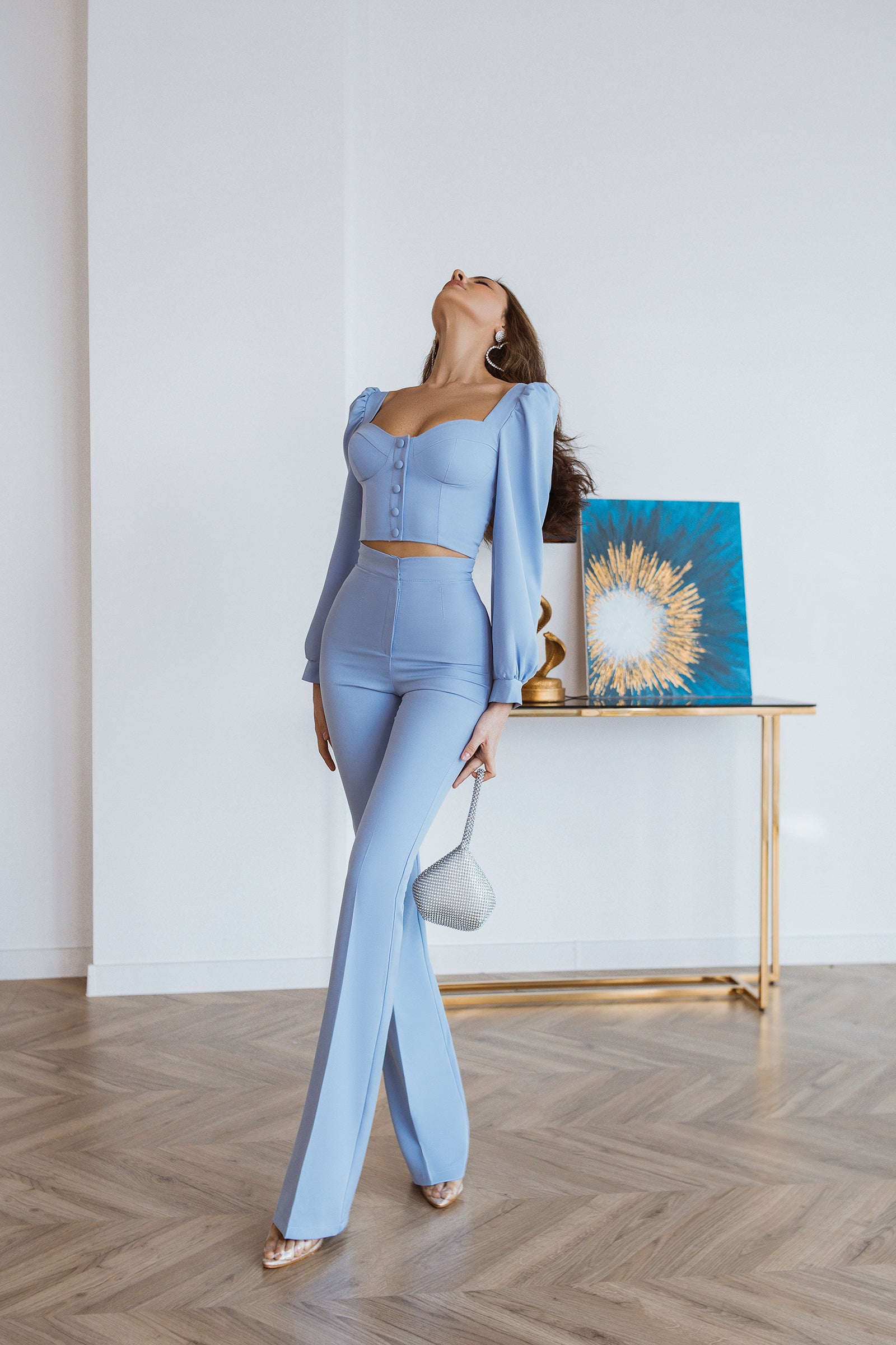 Sky-Blue Sweetheart Top & Flared Pants 2-Piece Set