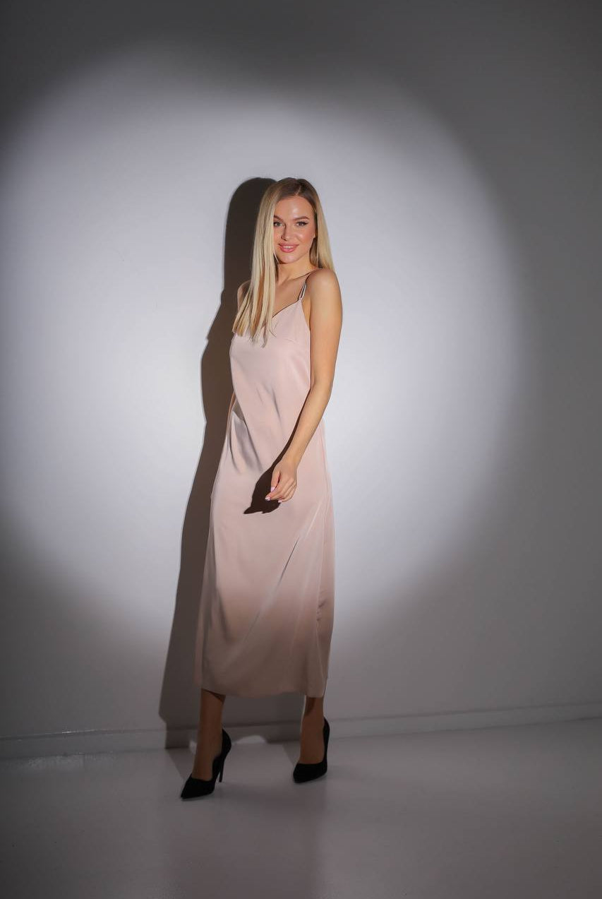 ELAGIA Beige Slip Satin Backless Dress styled detail shot with purple business suit women aesthetic