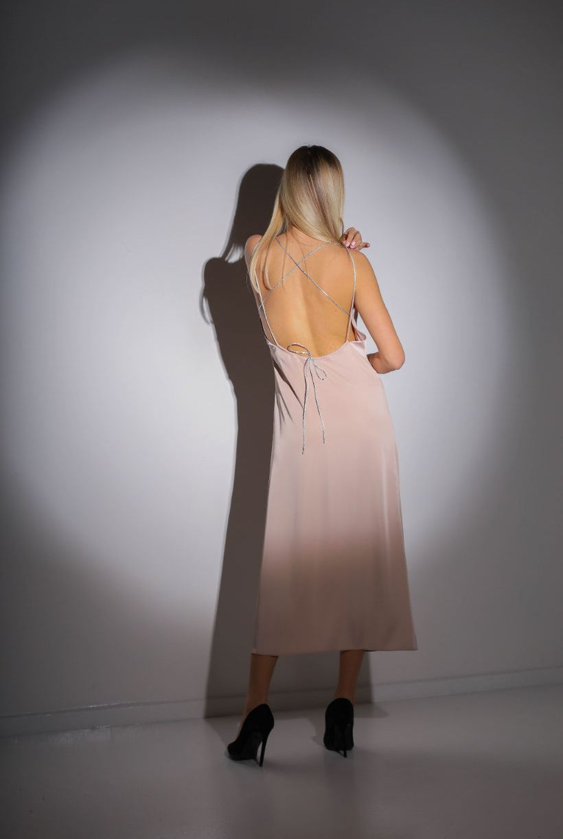 ELAGIA beige slip satin backless dress front view - elegant 3 piece women's suit style silhouette