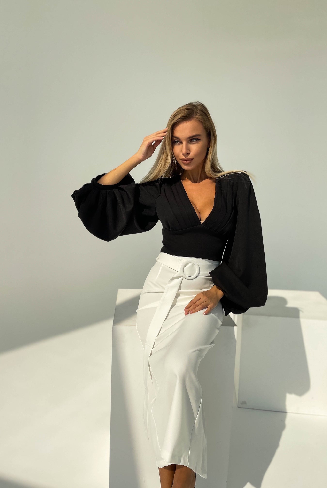 ELAGIA white high waist pencil skirt styled outfit showcasing white suit for women complete professional look