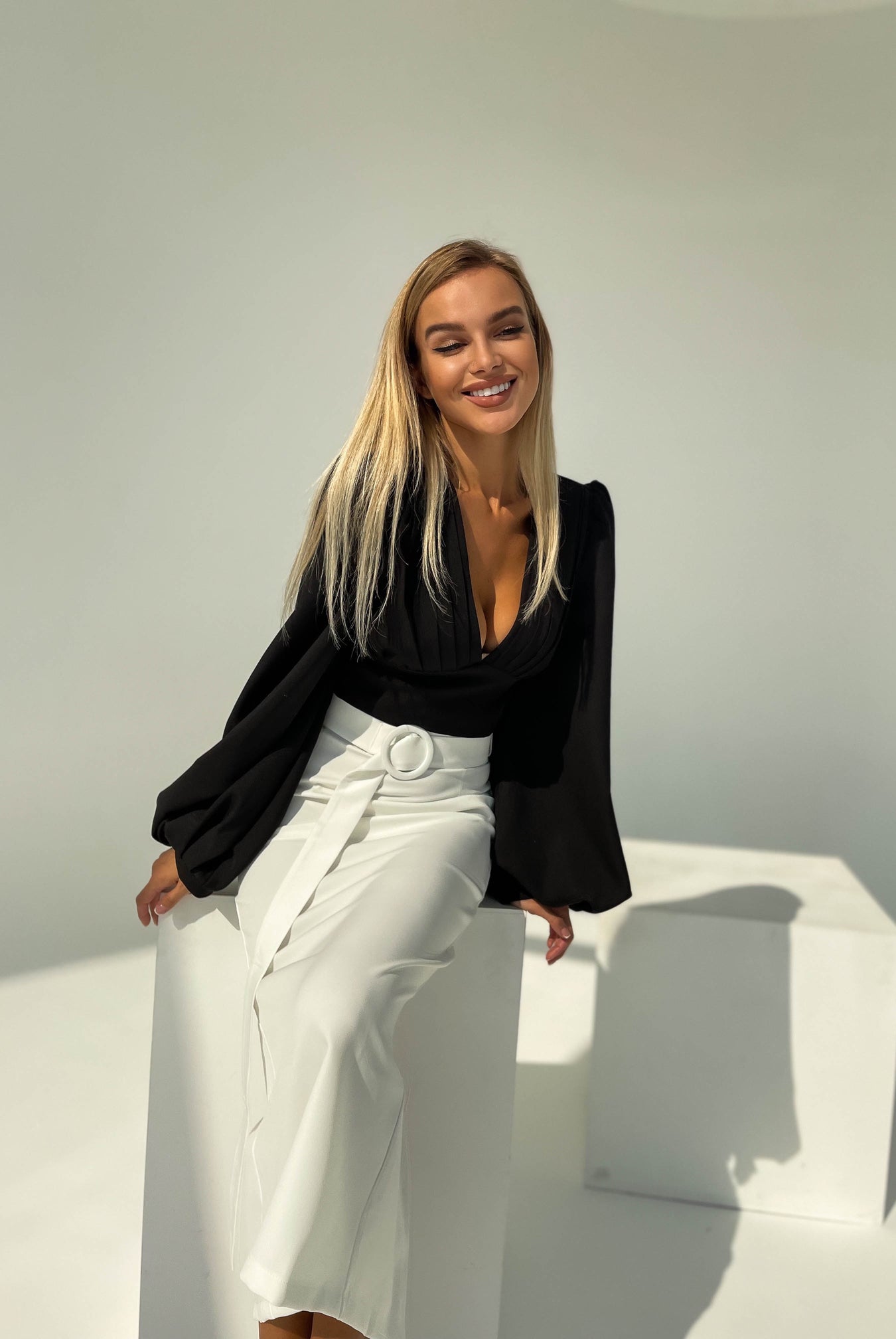 ELAGIA white high waist pencil skirt back view showing tailored fit - womens white suit bottom piece