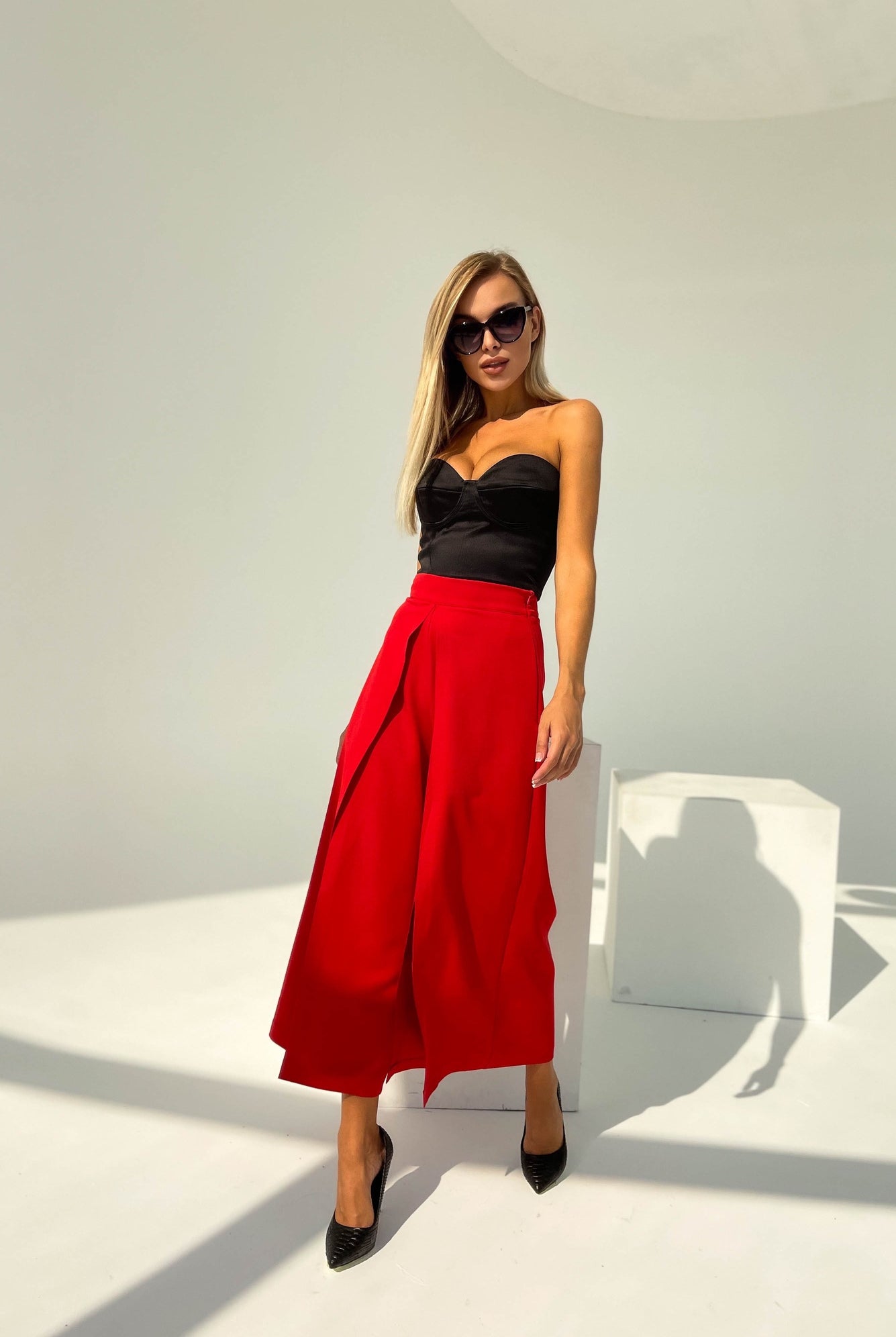 ELAGIA red high waist slit cuff culottes full length view - womens red suit set palazzo style