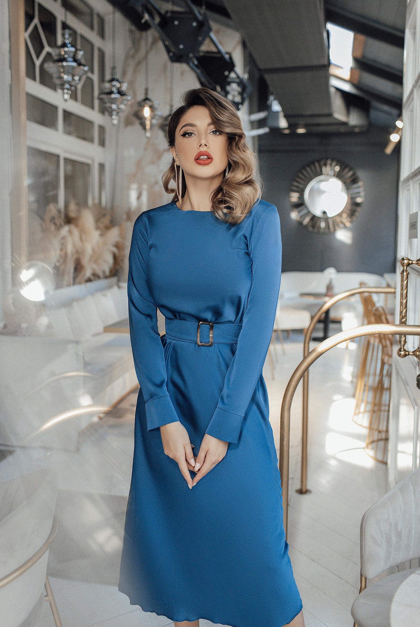 ELAGIA blue silk belted midi dress detail shot of waist tie - sophisticated 3 piece women's suit option